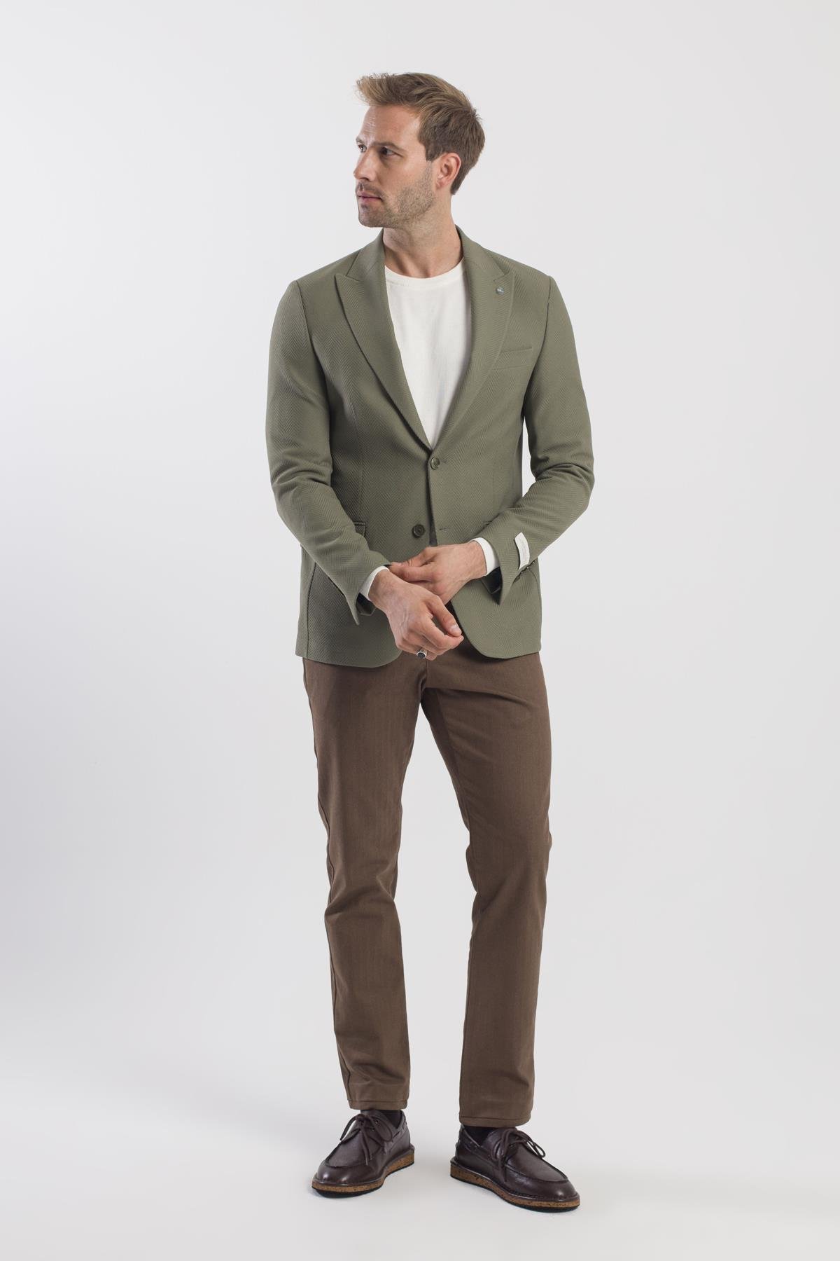 Haki Slim Fit Desenli Sivri Yaka Ceket  