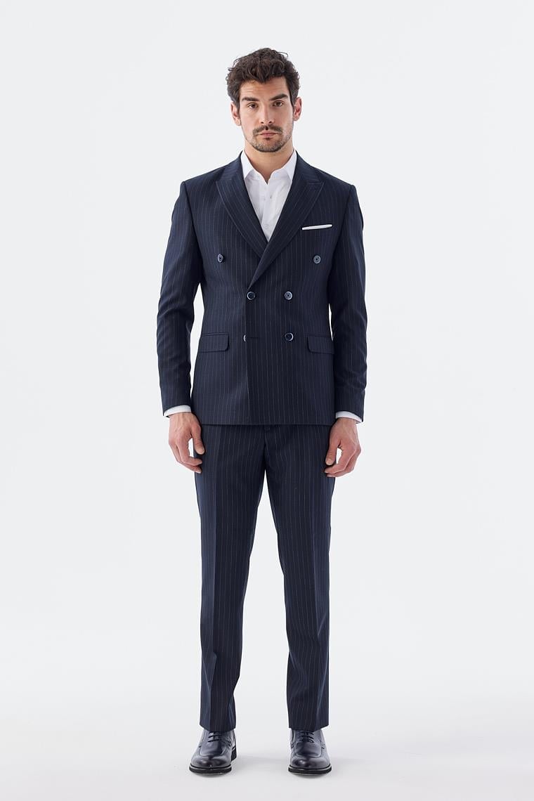 Lacivert Slim Fit Çizgili Kruvaze Takım Elbise