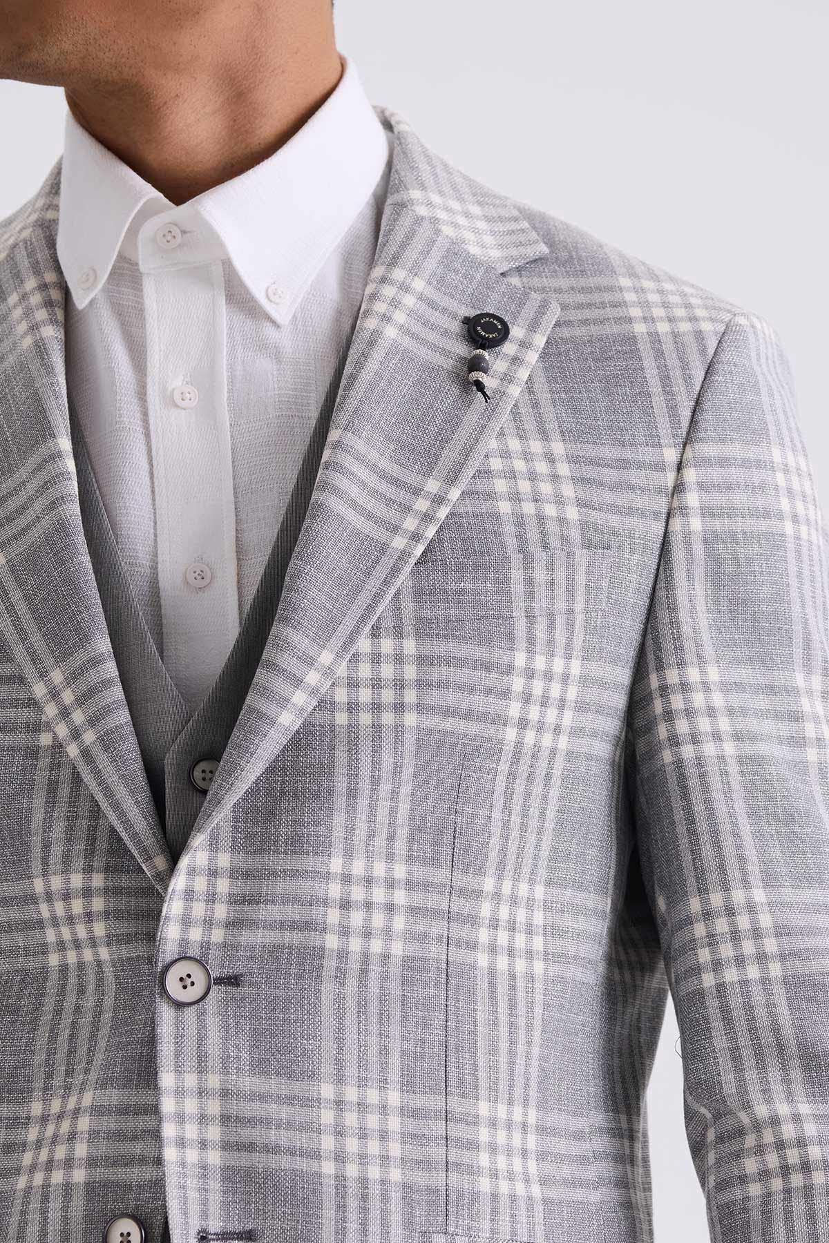 Gri Slim Fit  Mono Yaka Kareli Kombinli Yelekli Takım Elbise