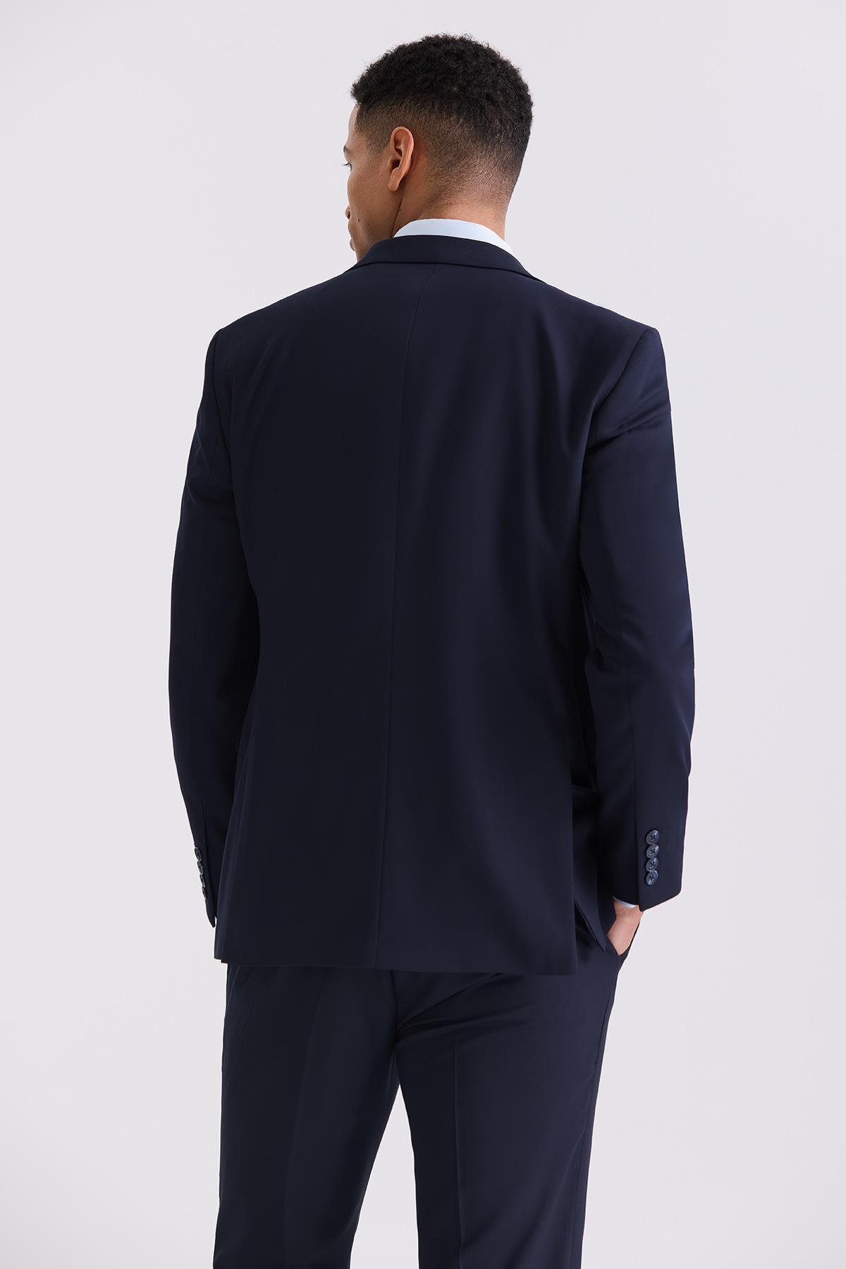 Lacivert Slim Fit Sivri Yaka Yelekli Bamboo Takım Elbise