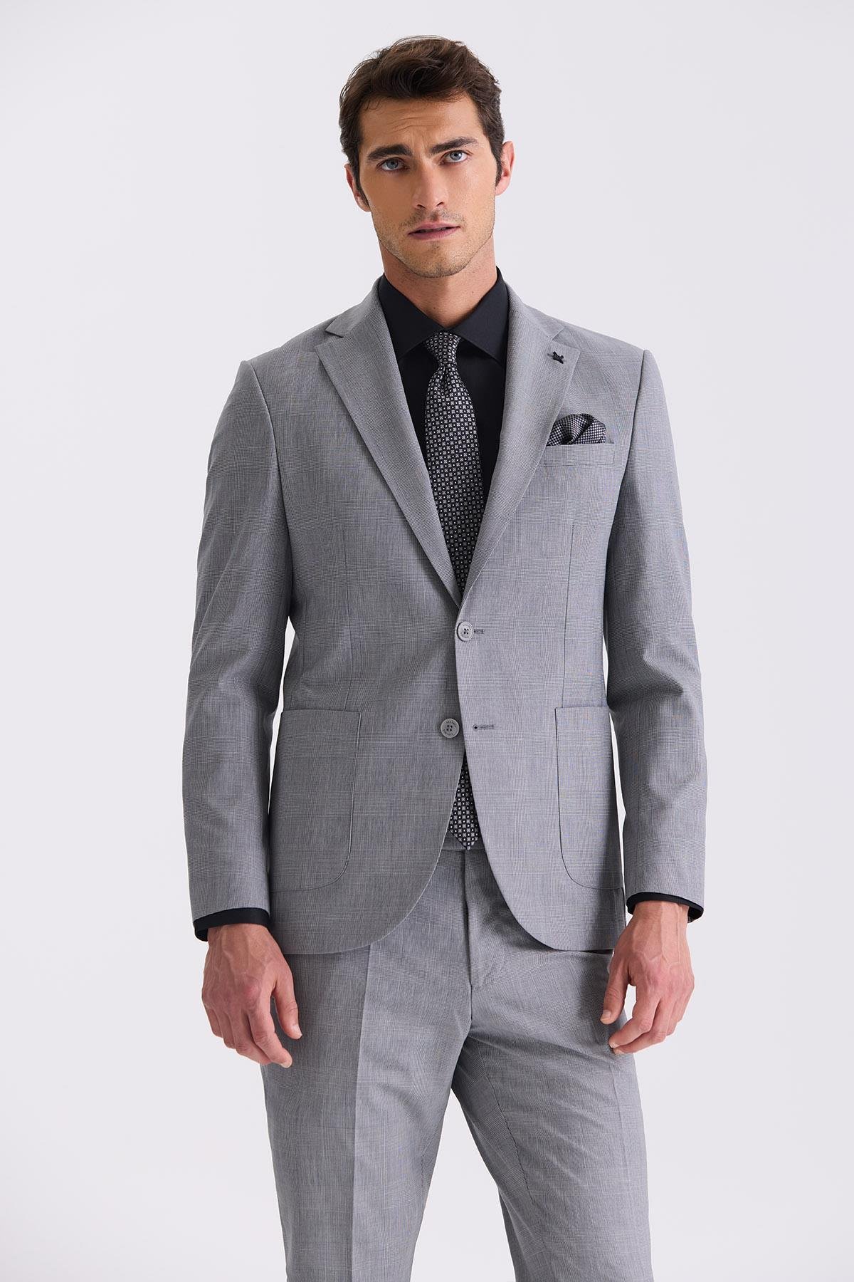 Gri Slim Fit Mono Yaka Yünlü Takım Elbise