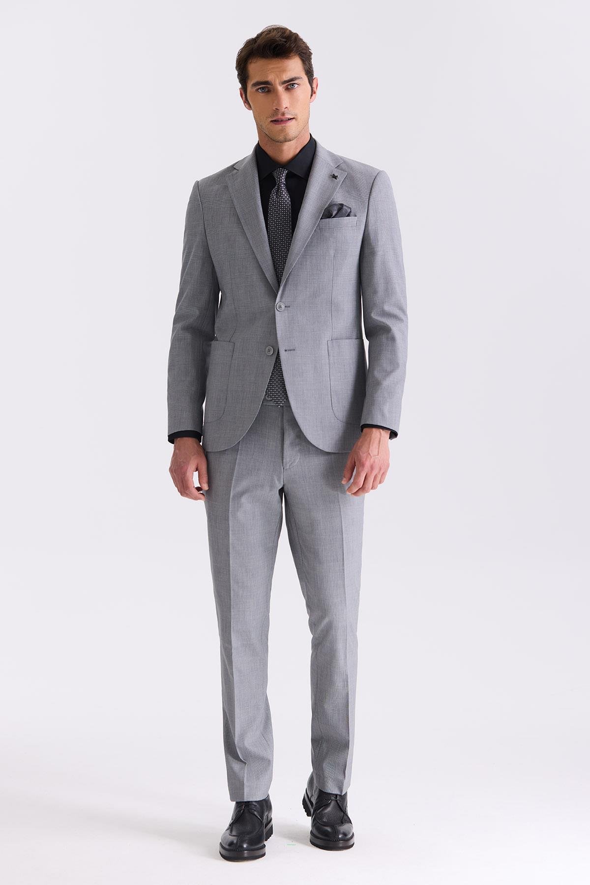 Gri Slim Fit Mono Yaka Yünlü Takım Elbise