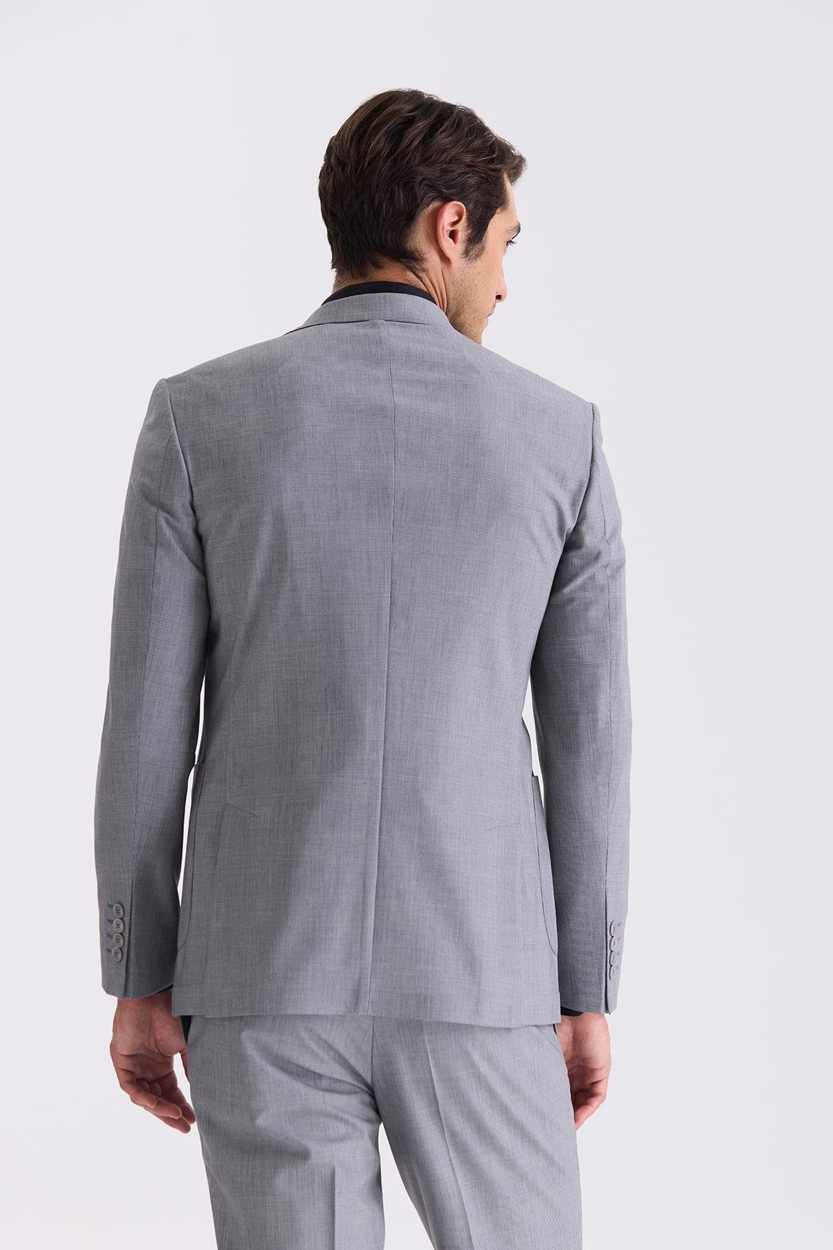 Gri Slim Fit Mono Yaka Yünlü Takım Elbise
