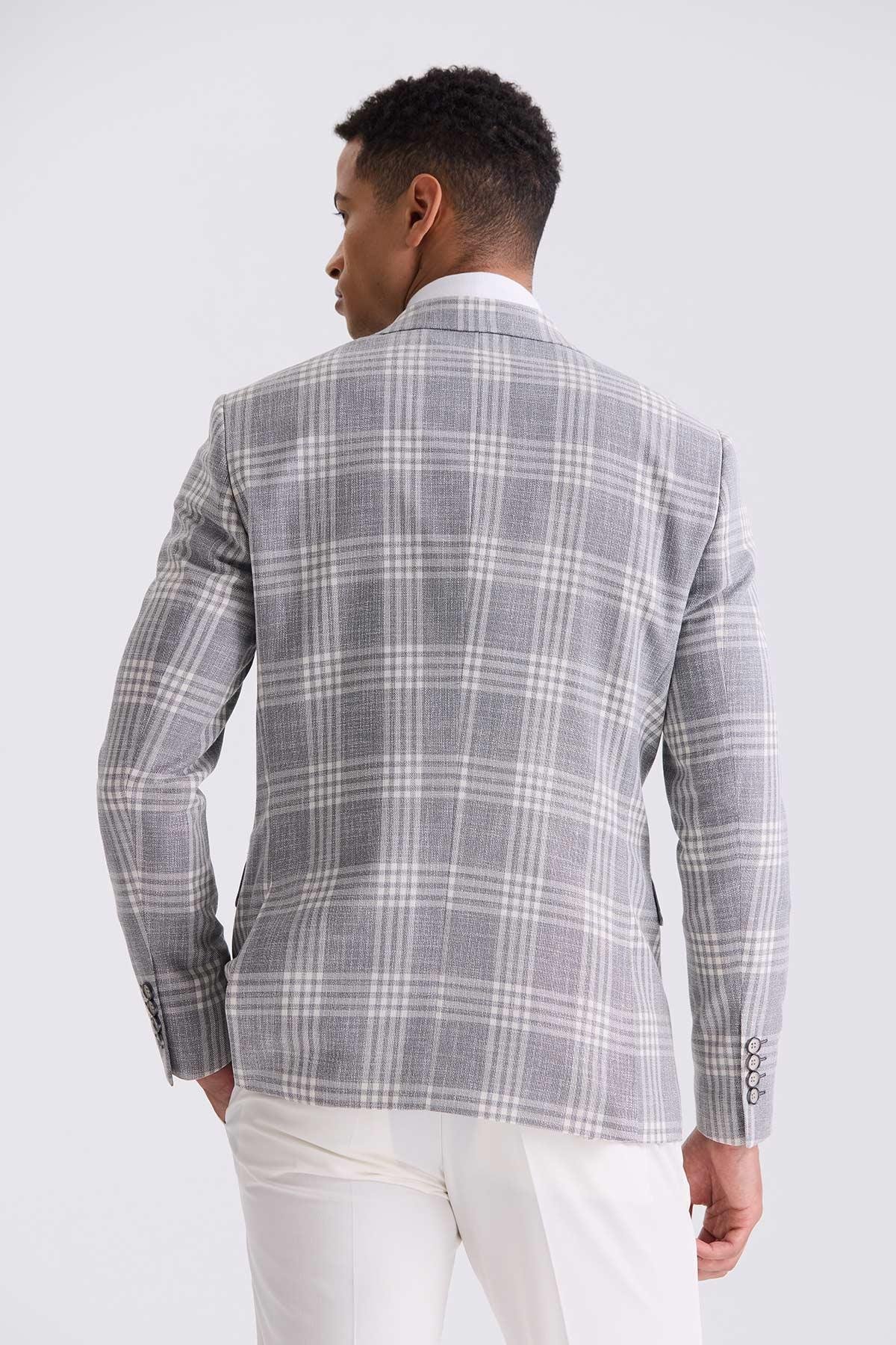 Gri Slim Fit  Mono Yaka Kareli Kombinli Yelekli Takım Elbise