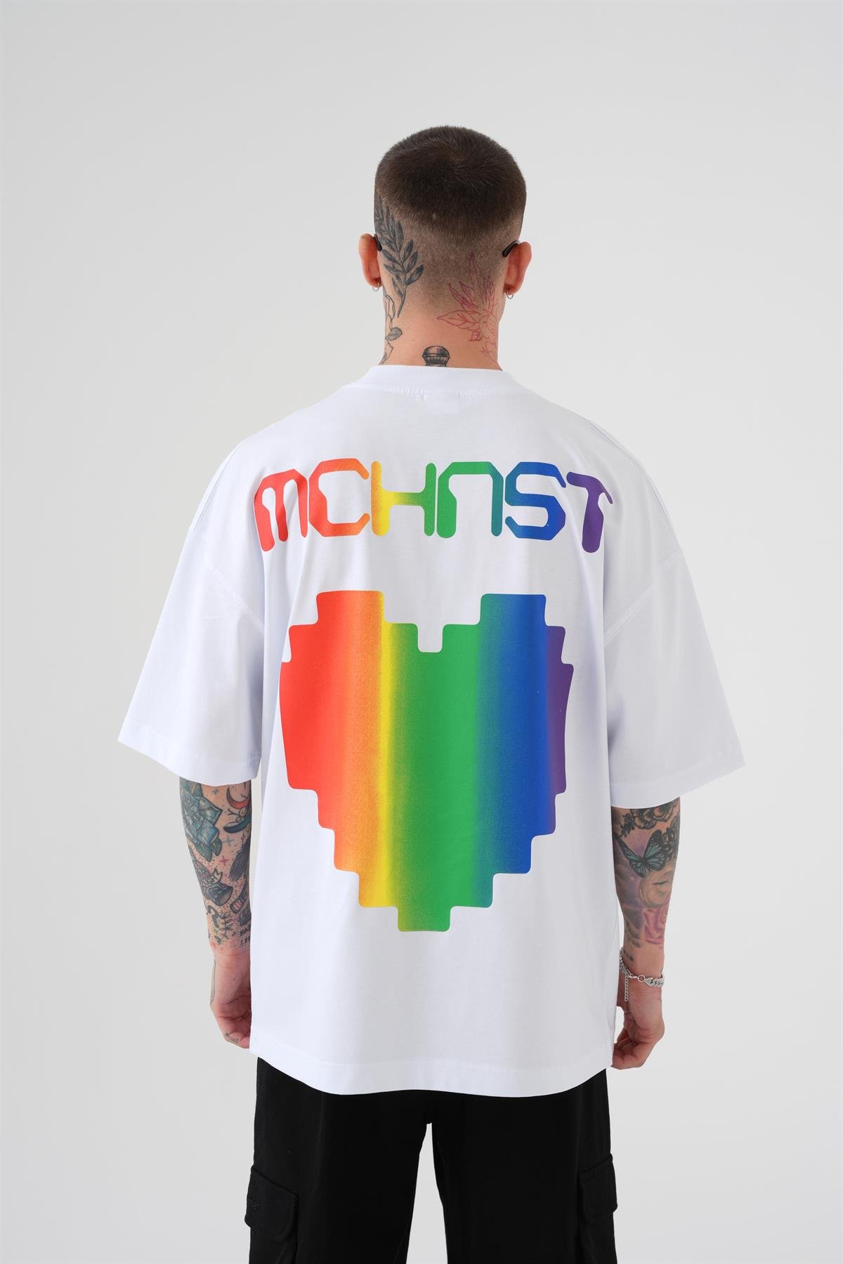 Erkek Mchnst Love Baskılı Oversize Beyaz Tişört