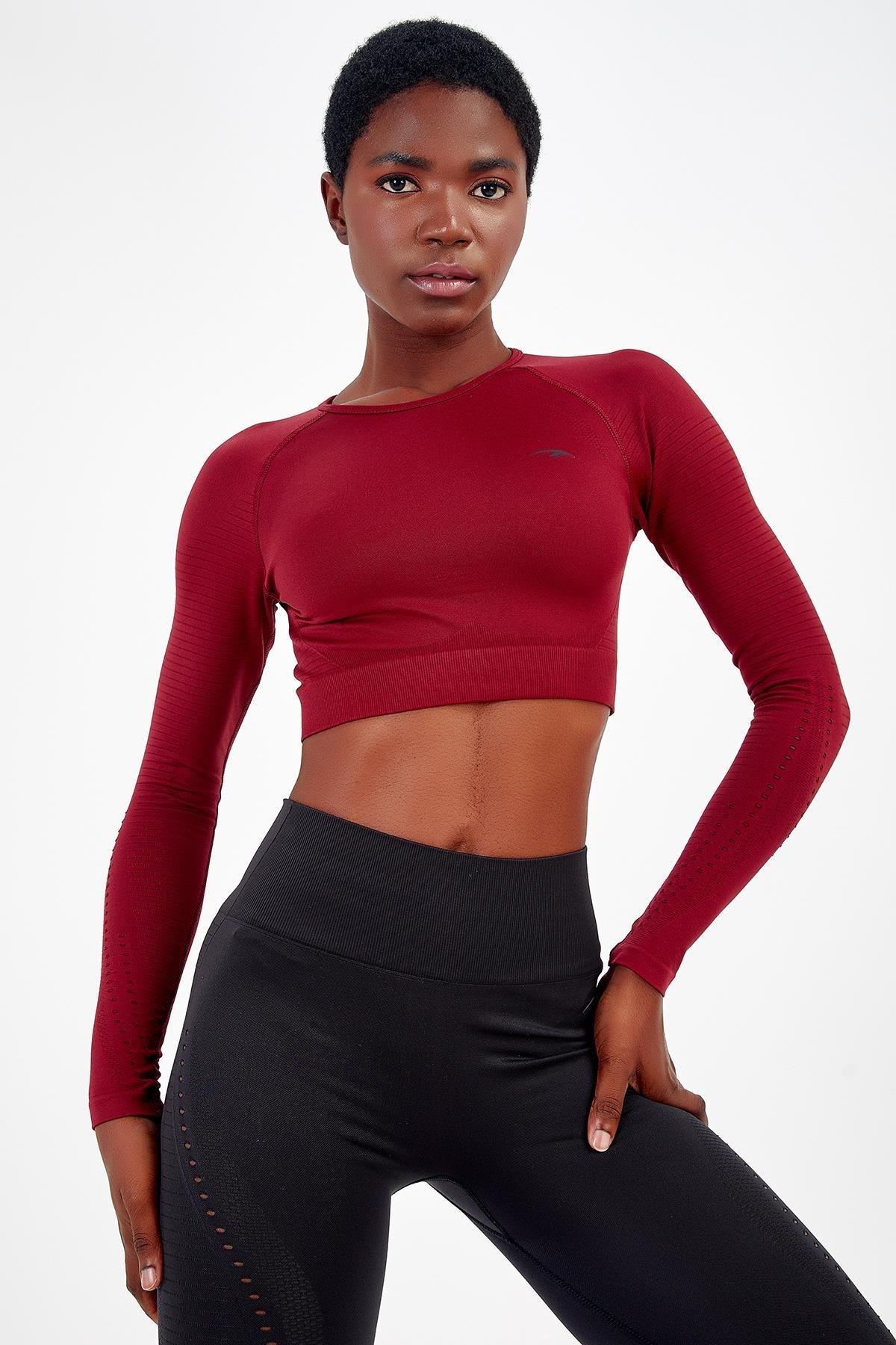 Maraton  Slım Fıt Woman Bike Collar   Fıtnessdark Red Black  Crop Top Tee 816008