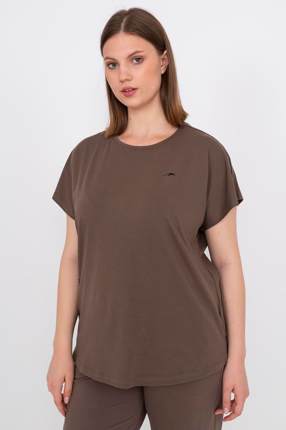 Maraton Büyük Beden Kadın Bisiklet Yaka  Düşük Kol Kakao T-shirt 21213