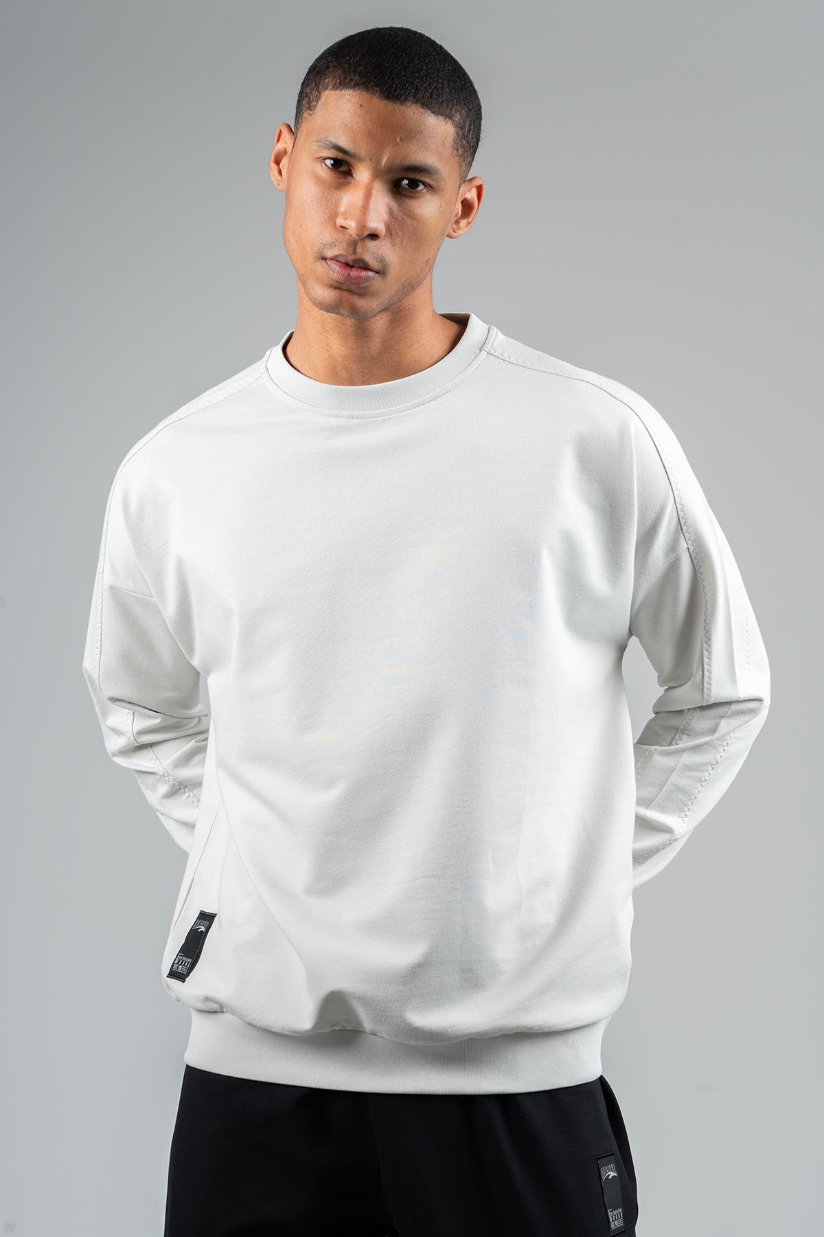 Maraton Oversize Erkek Bisiklet Yaka  Düşük Kol Gümüş Gri Sweatshirt 23116