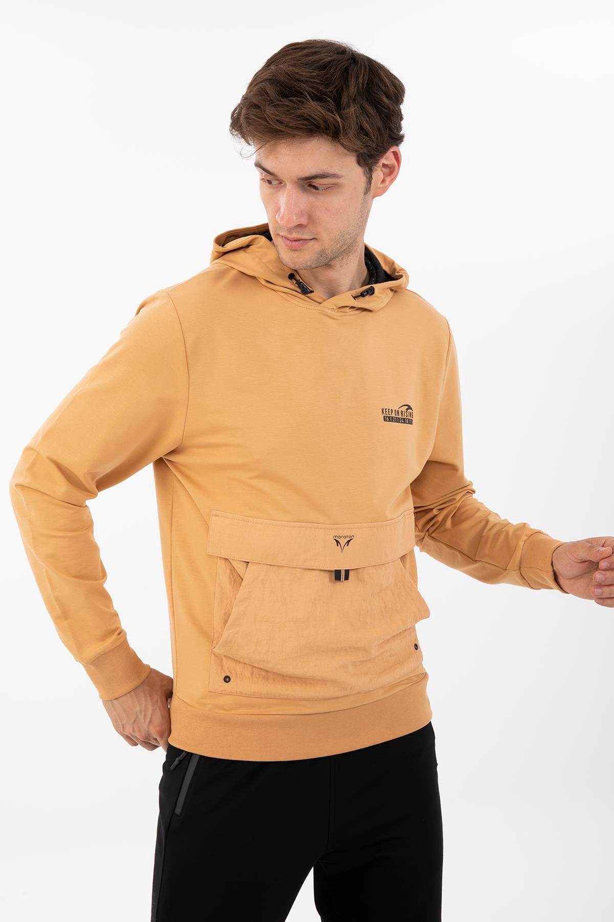 Maraton Sportswear Oversize Erkek Kapşonlu  Uzun Kol Basic Koyu Bej Sweatshirt 20562