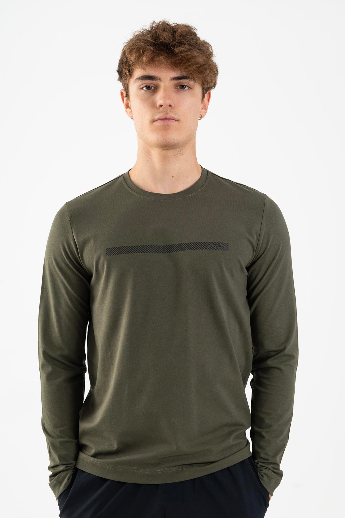 Maraton Regular Erkek Bisiklet Yaka  Takma Kol Açık Haki Sweatshirt 22295