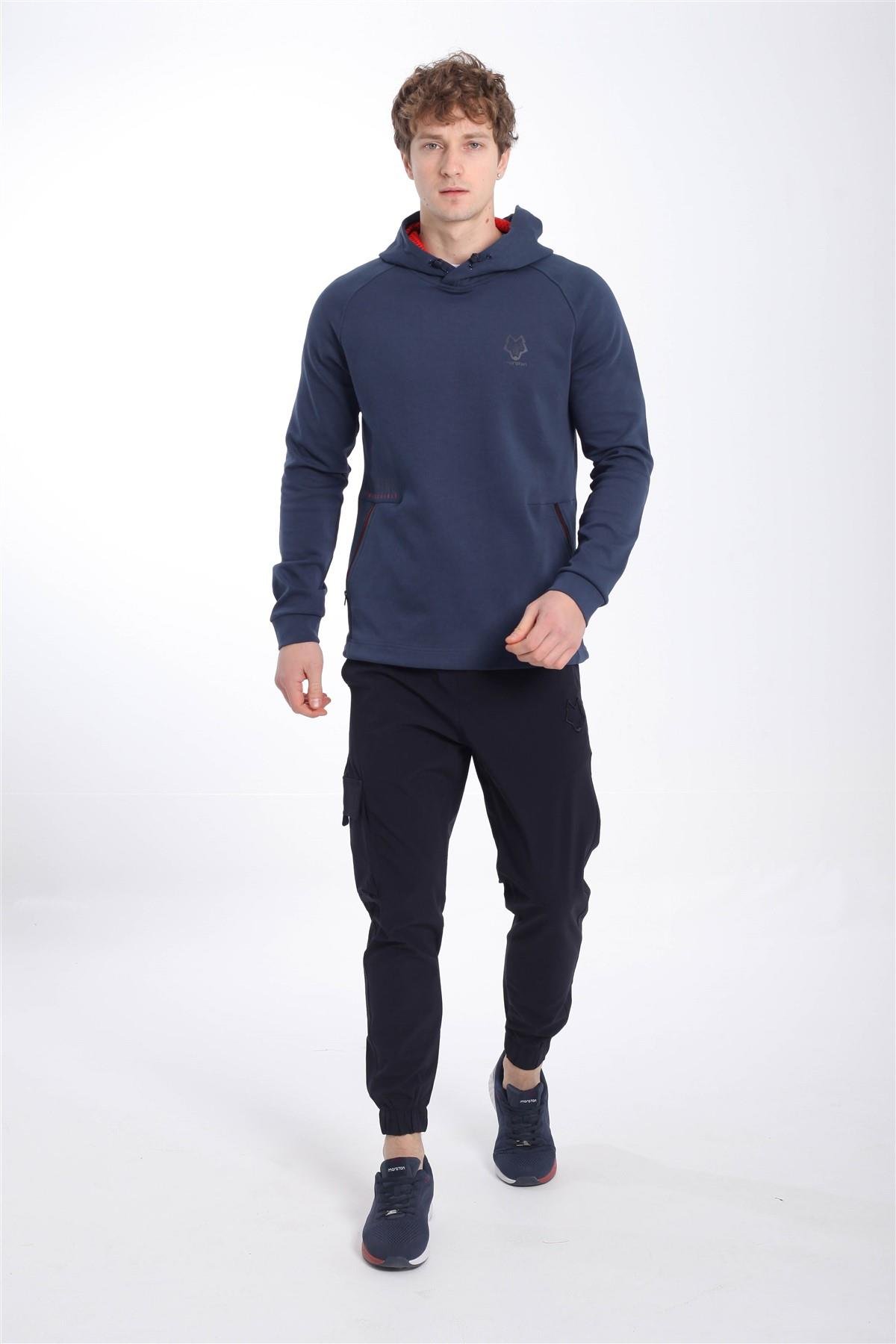 Maraton Regular Erkek Kapşonlu  Uzun Kol Sisli Mavi Sweatshirt 20547