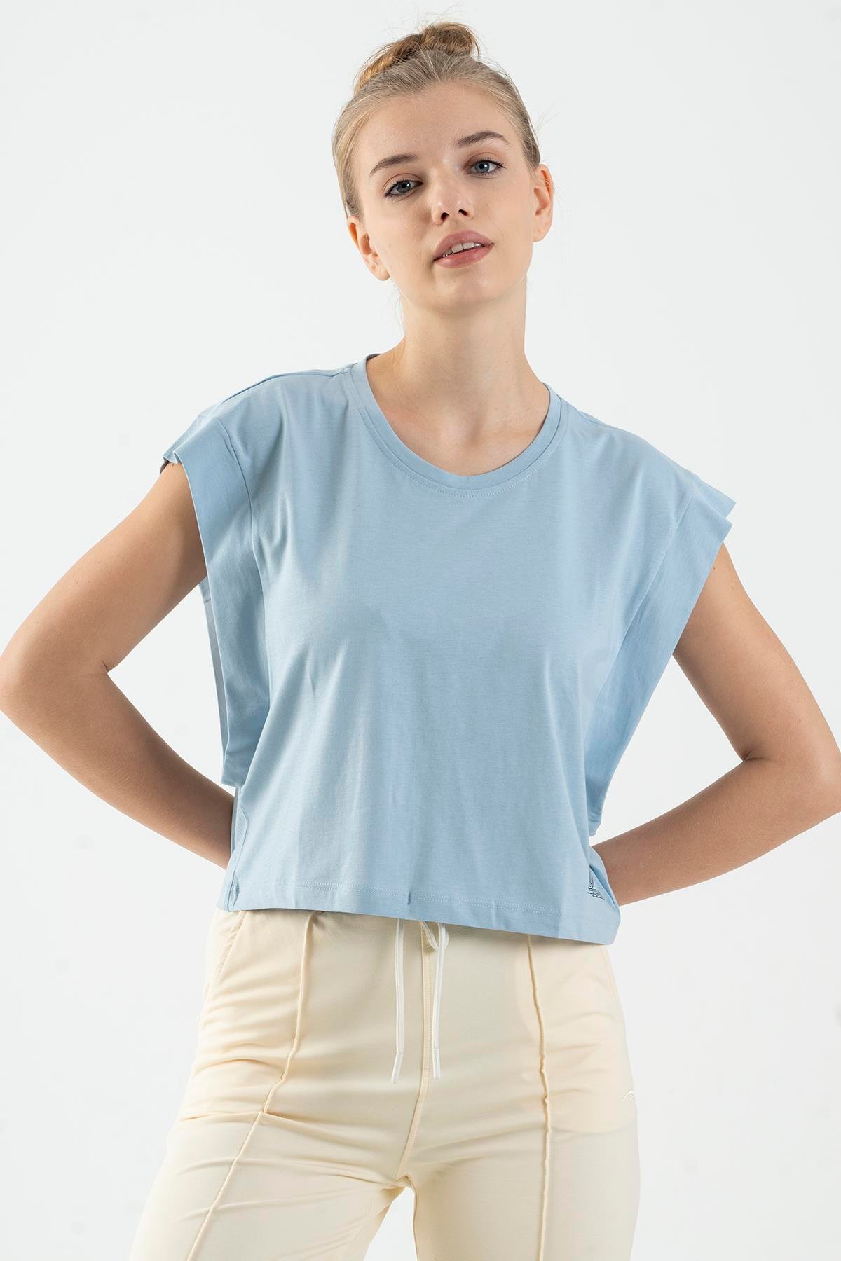 Maraton Regular Kadın Bisiklet Yaka  Kısa Kol Sisli Mavi Crop Top 20878