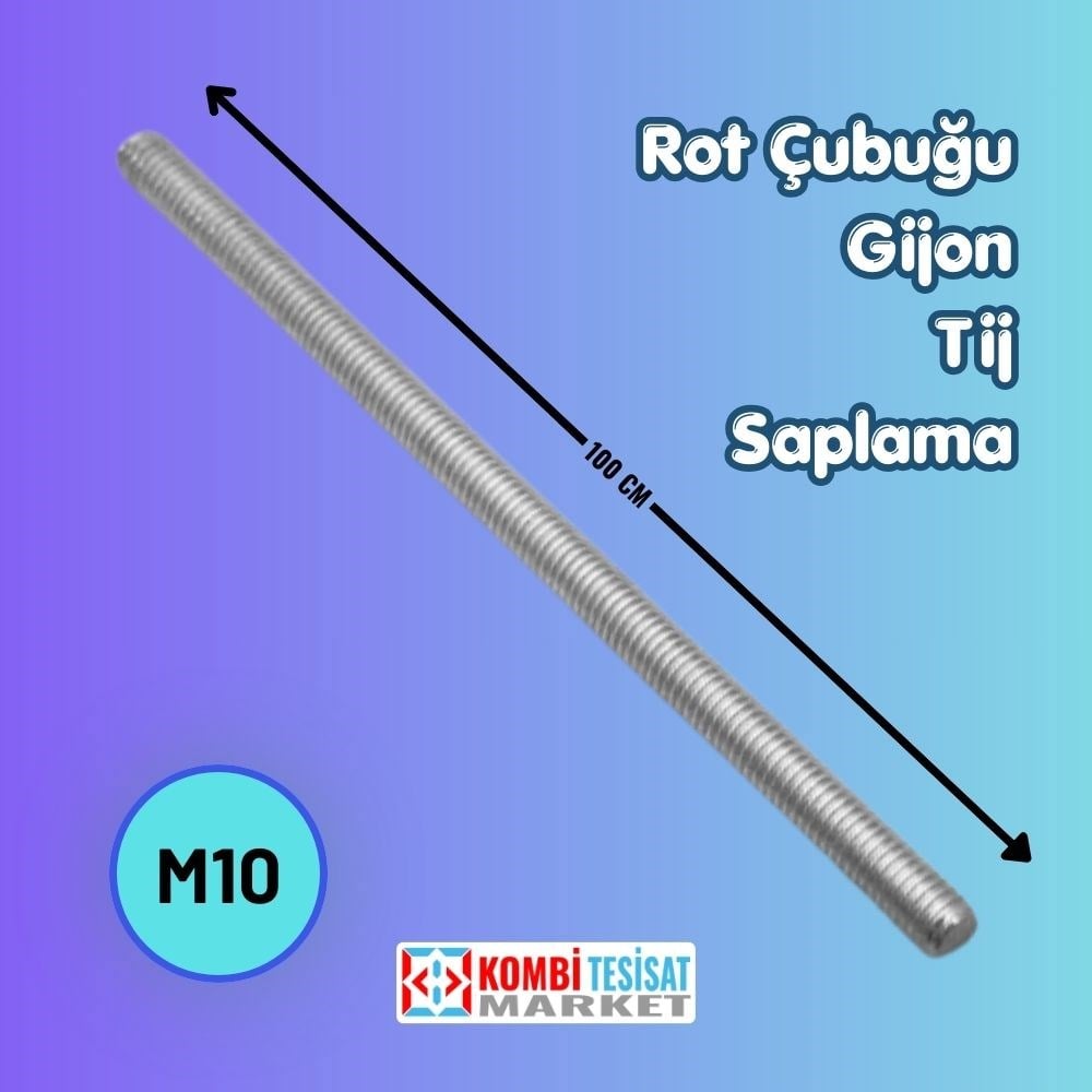 M10 Gijon Saplama Askı Rot Çubuğu 1 Metre 100 cm Tij 10mm Çelik Bağlantı Elemanı