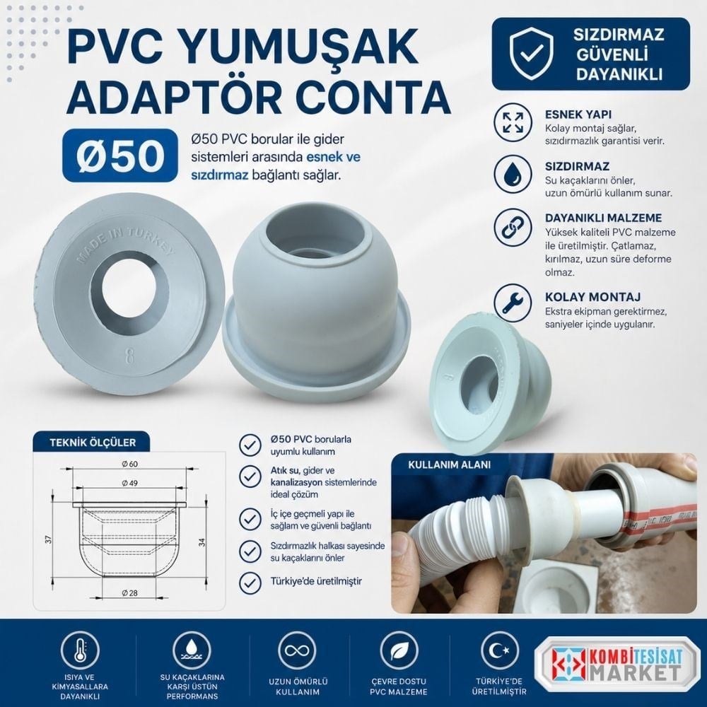 Ø50 PVC Yumuşak Adaptör Conta - Sızdırmaz Atık Su ve Gider Borusu Contası