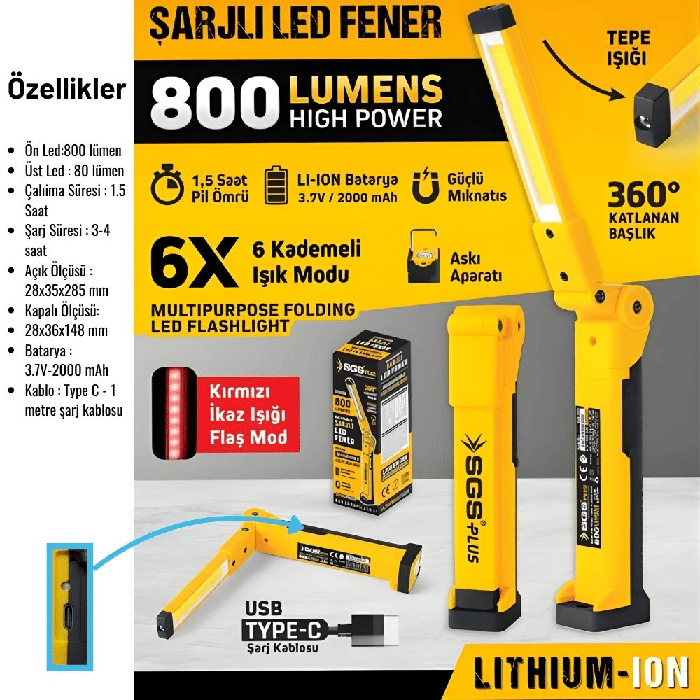 SGS Şarjlı LED Fener 800 Lümen Katlanır İş Işığı Mıknatıslı Askılı Atölye Lambası 2000 mAh Type-C