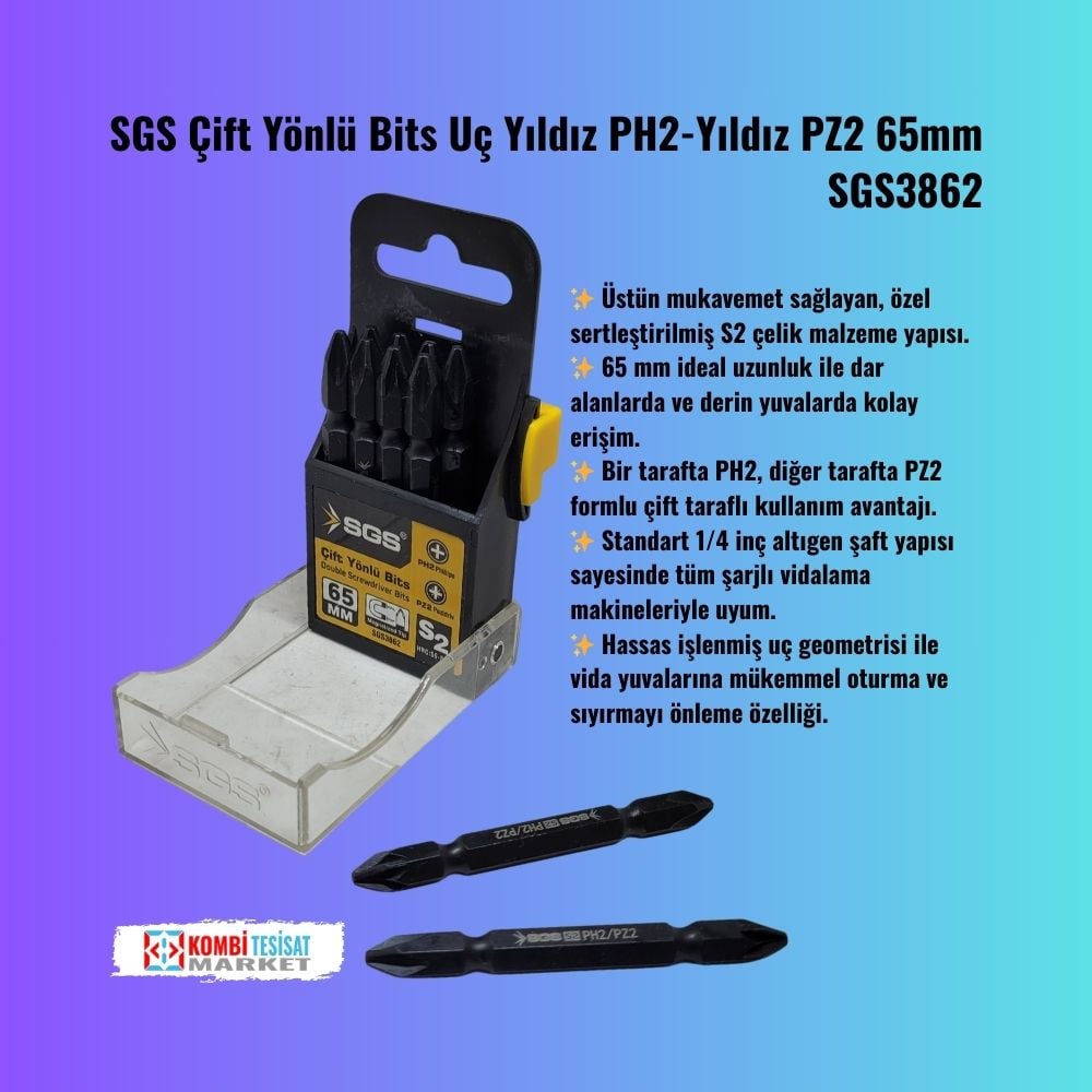 SGS Çift Yönlü Bits Uç Yıldız PH2-Yıldız PZ2 65mm