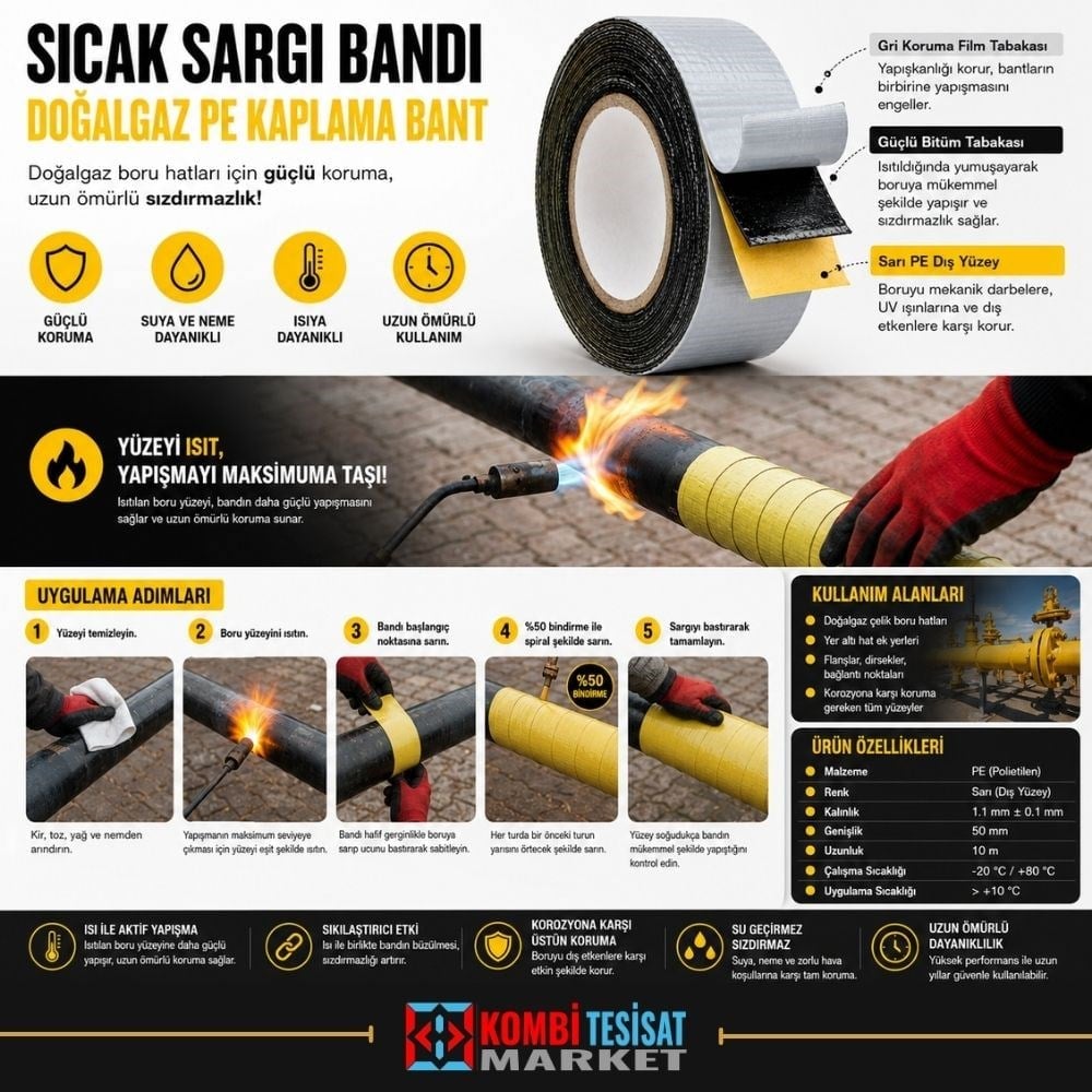 Sıcak Sargı Bandı Doğalgaz Boru İzolasyon ve PE Kaplama Bant 5 cm x 8 mt