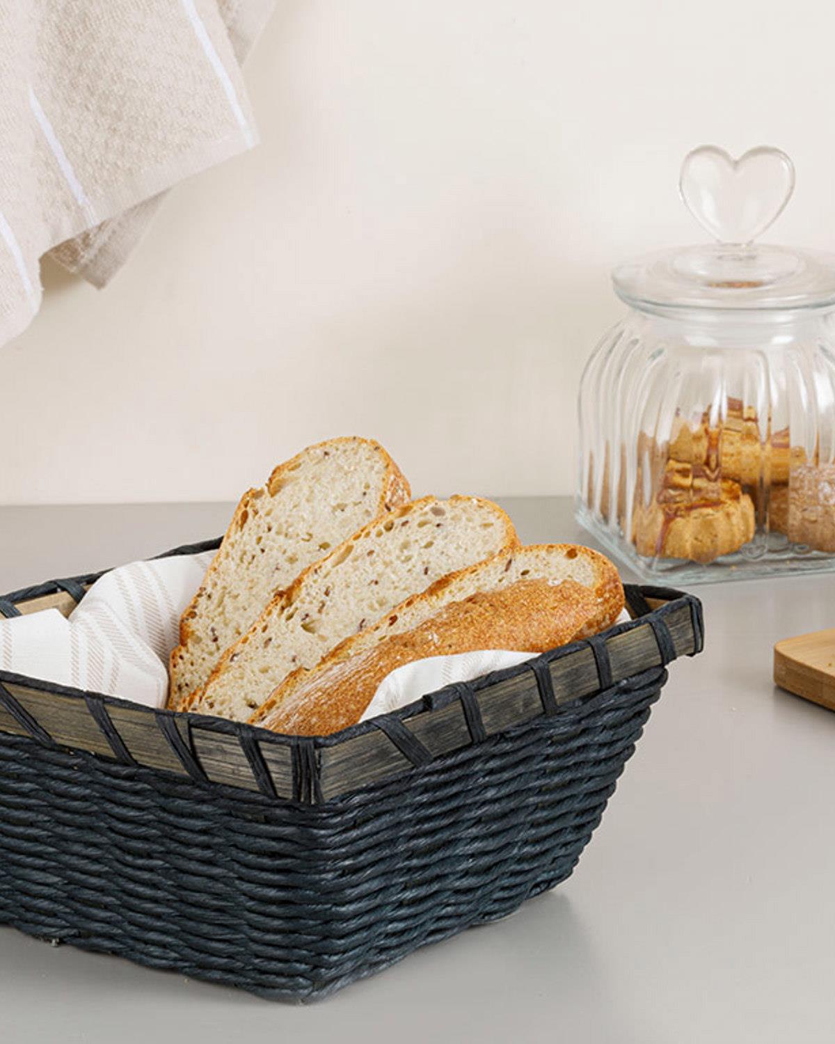 Audrey Straw Square Bread Basket 19x19x9 cm Blue