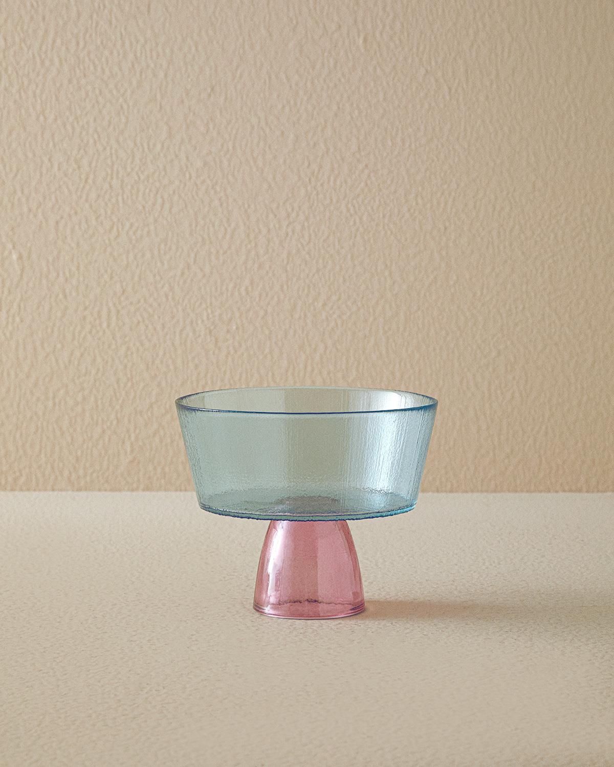 Unique Patch Glass With Feet Presenter 16 cm Blue-Pink