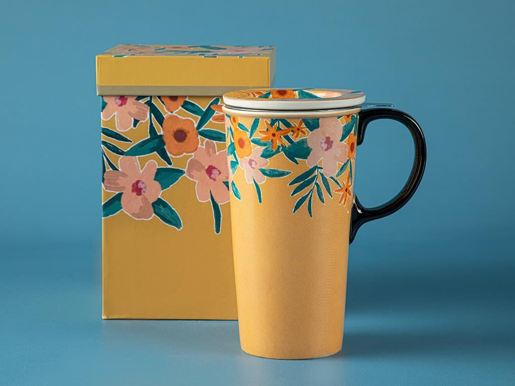 Termos, Flower Spree, ceramică, 340 ml, galben muștar