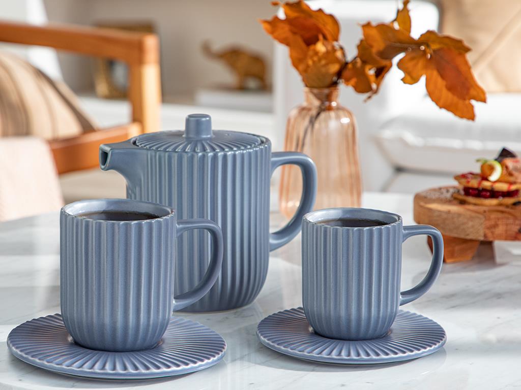 Set ceainic și 2 căni cu farfurie, Martinez, ceramică, 1000 ml + 300 ml, bleu