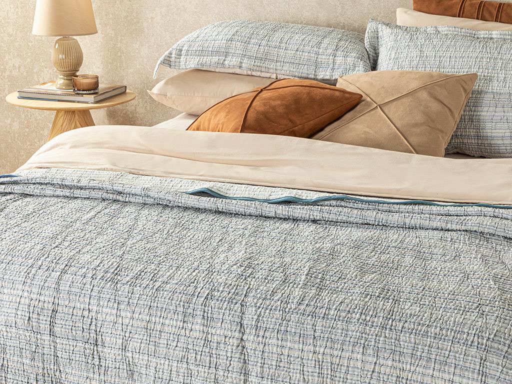Set cuvertură pat cu fețe de pernă, King size, Naturel Lines, poliester, 260x280 cm, bleu