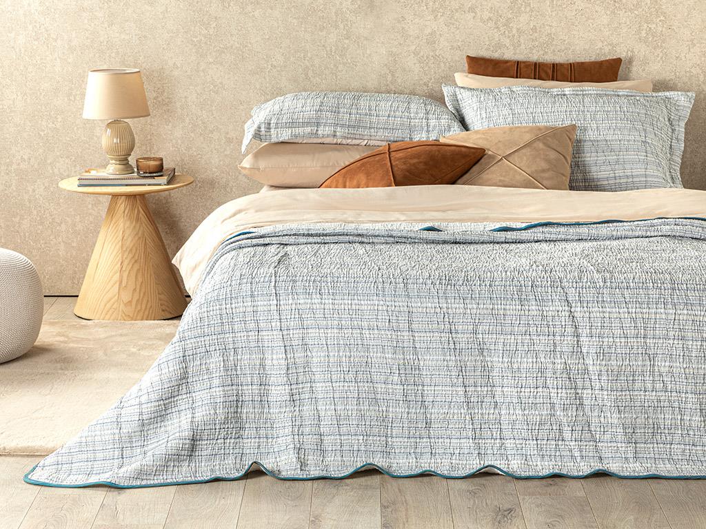 Set cuvertură pat cu fețe de pernă, King size, Naturel Lines, poliester, 260x280 cm, bleu
