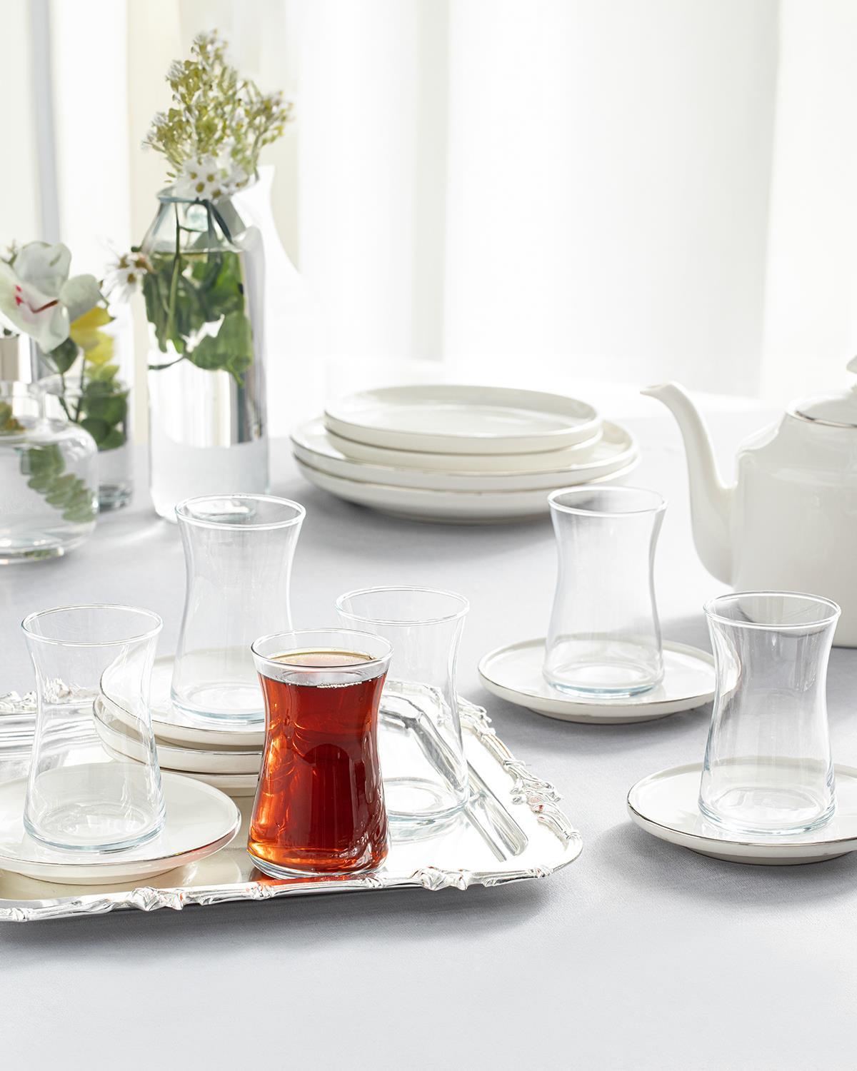 Set 6 pahare de ceai cu farfurie, Torino, porțelan, 160 ml, argintiu