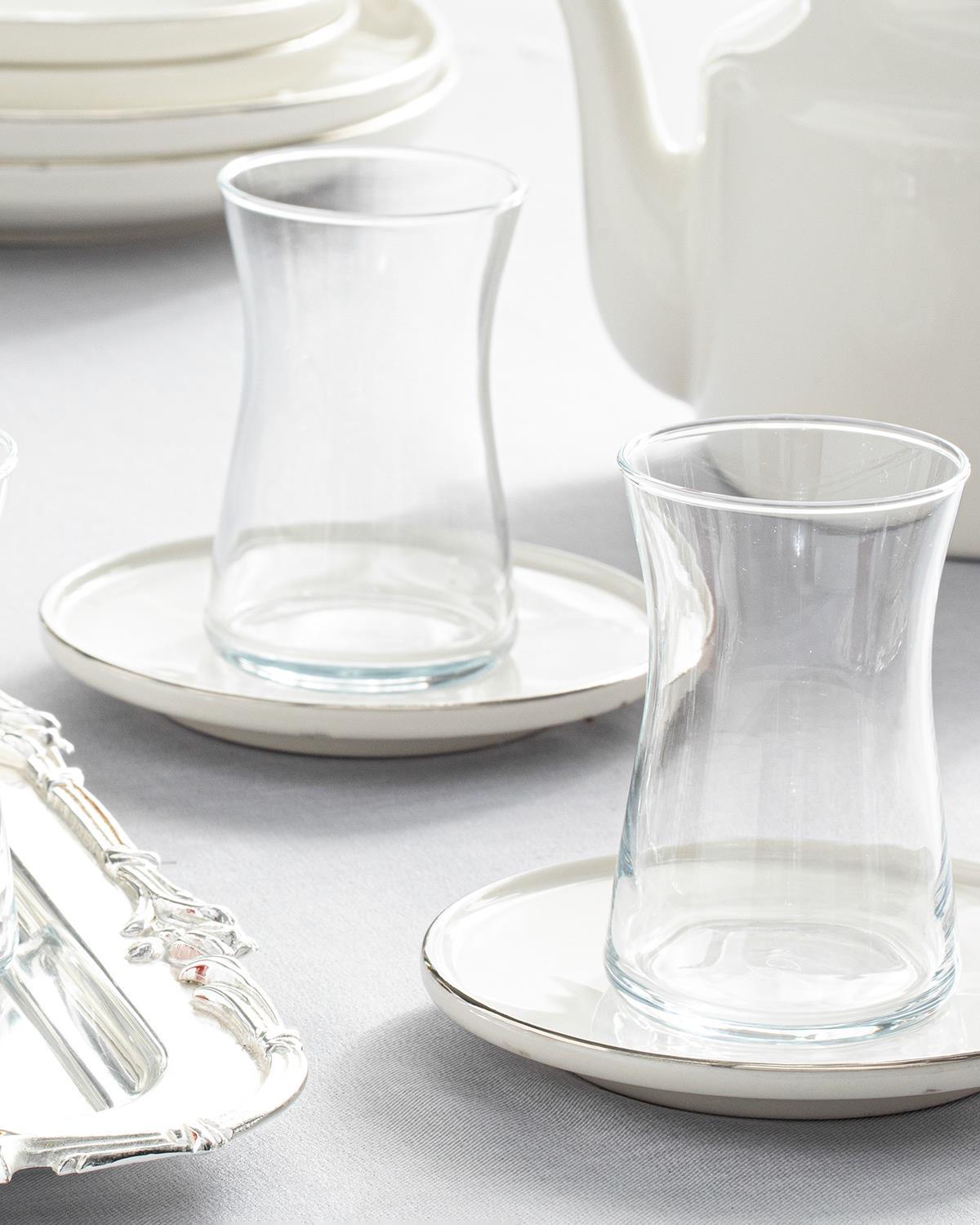 Set 6 pahare de ceai cu farfurie, Torino, porțelan, 160 ml, argintiu