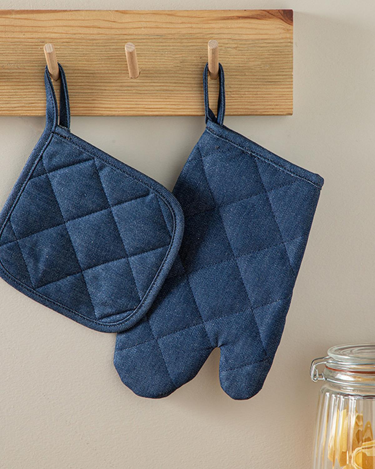 Set de bucătărie, mănusă și suport textil termorezistente, Ancel, bumbac, 18x28 cm+18x18 cm, bleumarin