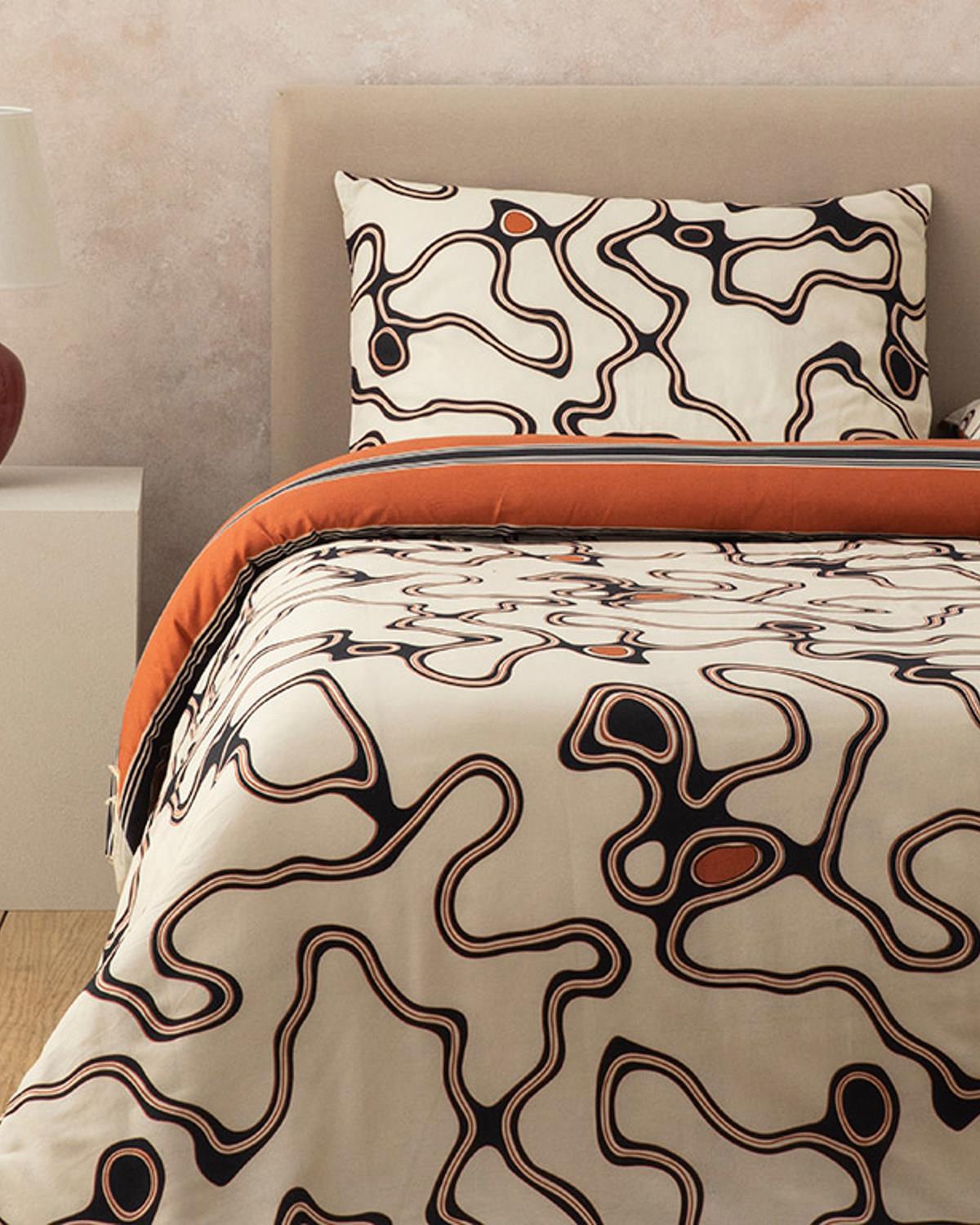 Set husa de pilota cu 2 fete de perna, King Size, Abstract Art, bumbac-viscoza, 240x220 cm/50x70 cm, bej