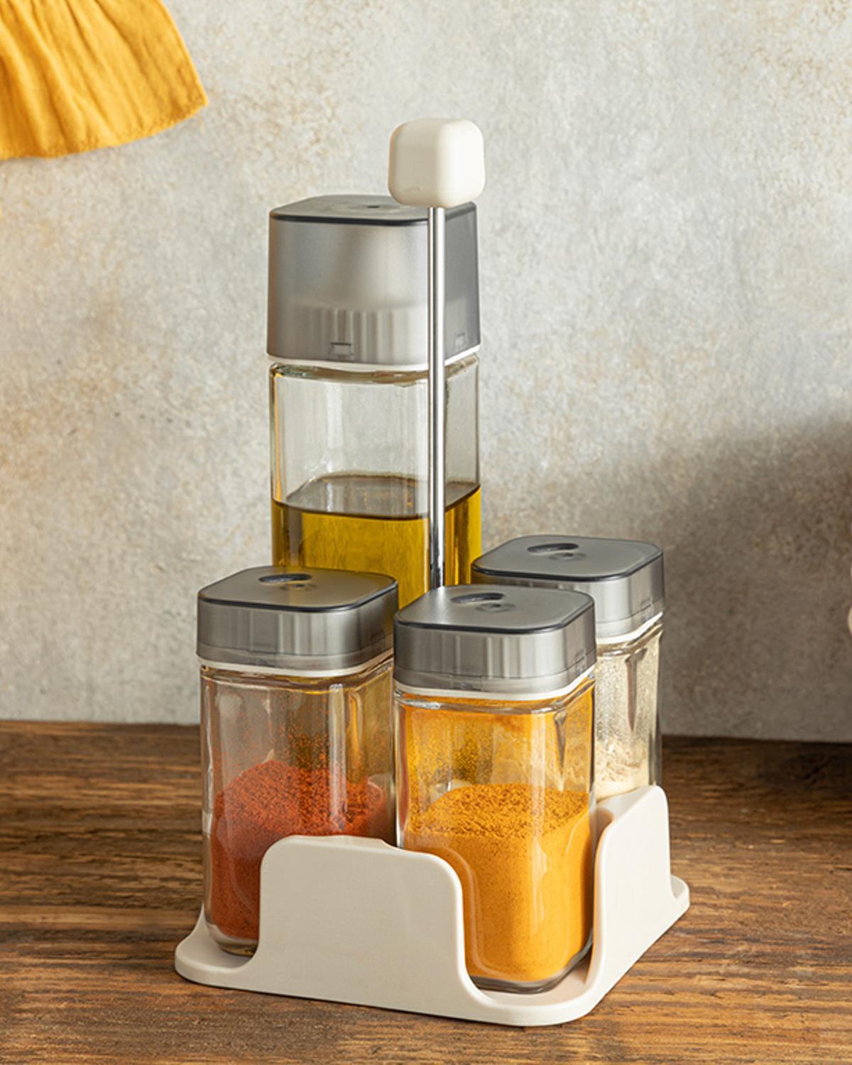 Set olivieră/ oțetiră, 2  recipiente condimente cu suport, Symbol, sticlă, 2x270 ml + 2x150 ml, crem