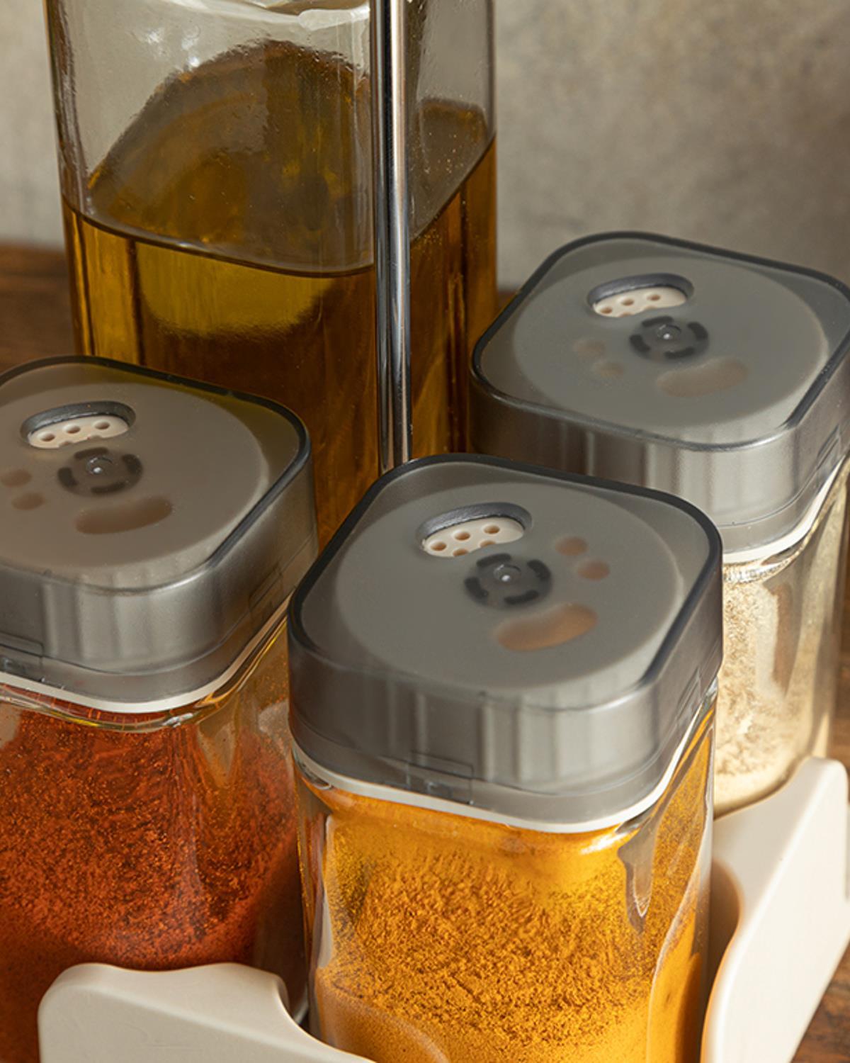 Set olivieră/ oțetiră, 2  recipiente condimente cu suport, Symbol, sticlă, 2x270 ml + 2x150 ml, crem
