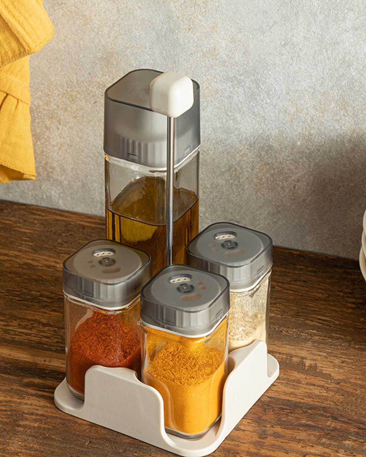 Set olivieră/ oțetiră, 2  recipiente condimente cu suport, Symbol, sticlă, 2x270 ml + 2x150 ml, crem