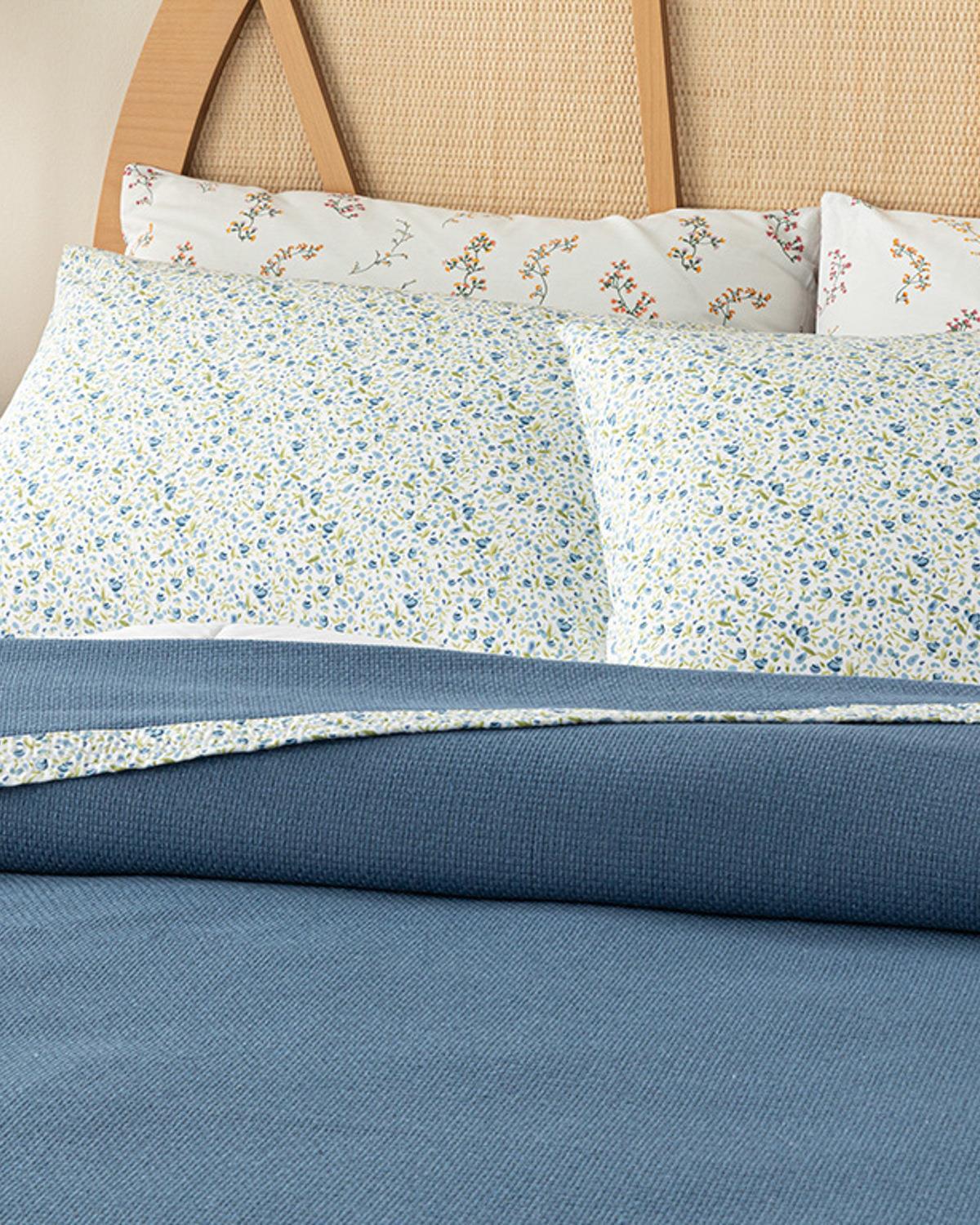 Set pătură subțire cu față de pernă, pentru o persoană, Floral Joy, bumbac-poliester, 150x220 cm, bleu