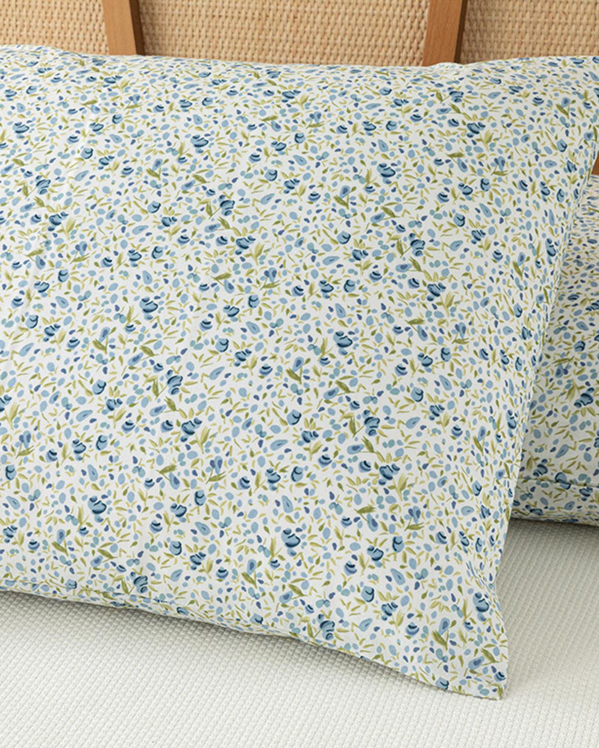 Set pătură subțire cu față de pernă, pentru o persoană, Floral Joy, bumbac-poliester, 150x220 cm, bleu