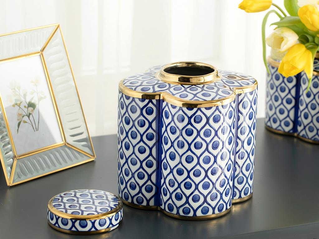 Stephanie Porcelain Cube 17x17x22 cm Blue - White - Gold