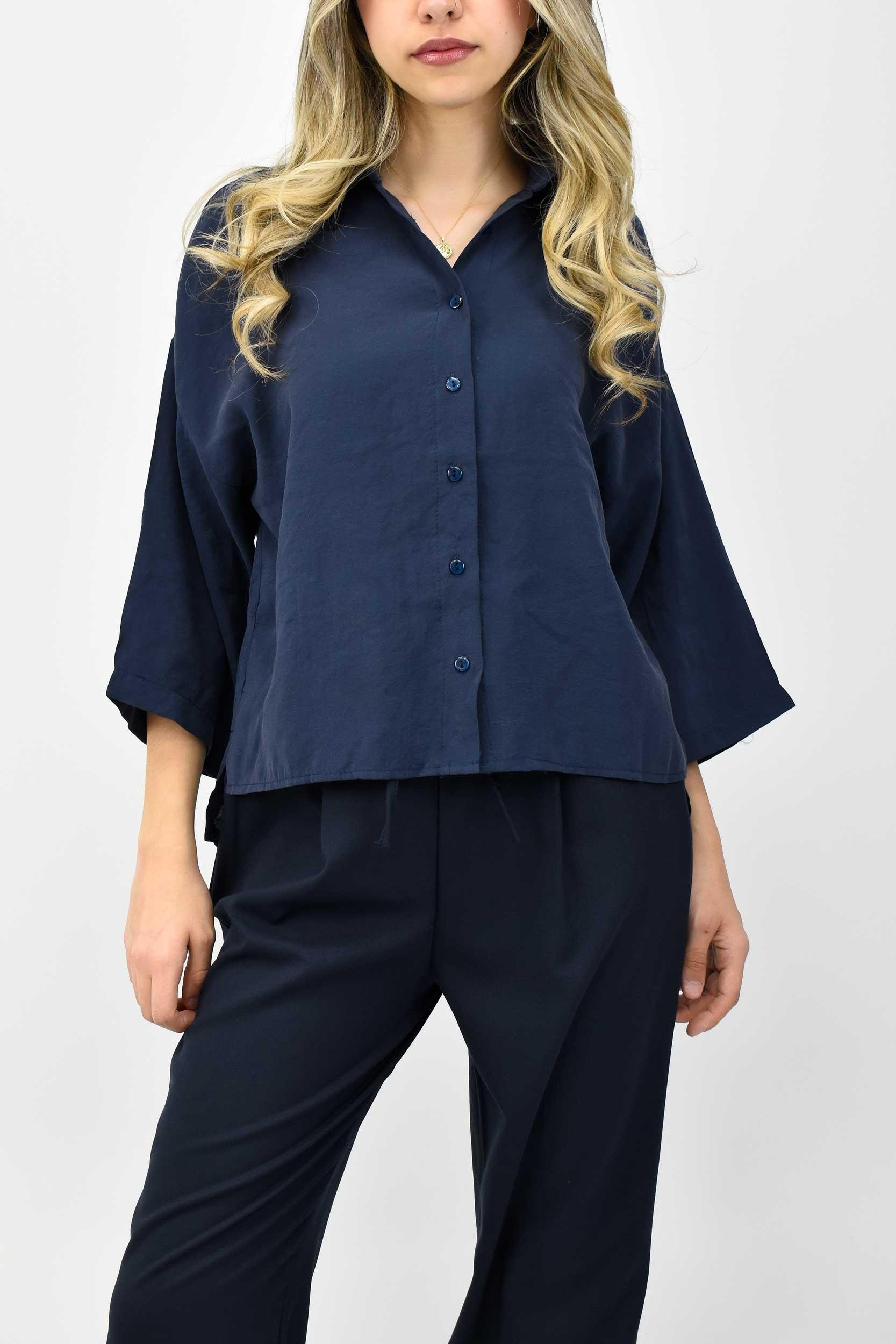 Yarım Kollu Oversize Modal Gömlek - Lacivert