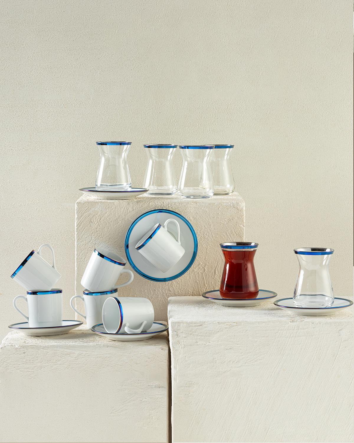 Bovia Porcelain 6 Person-18 Pcs Tea-Coffee Set 100-130 ml Blue