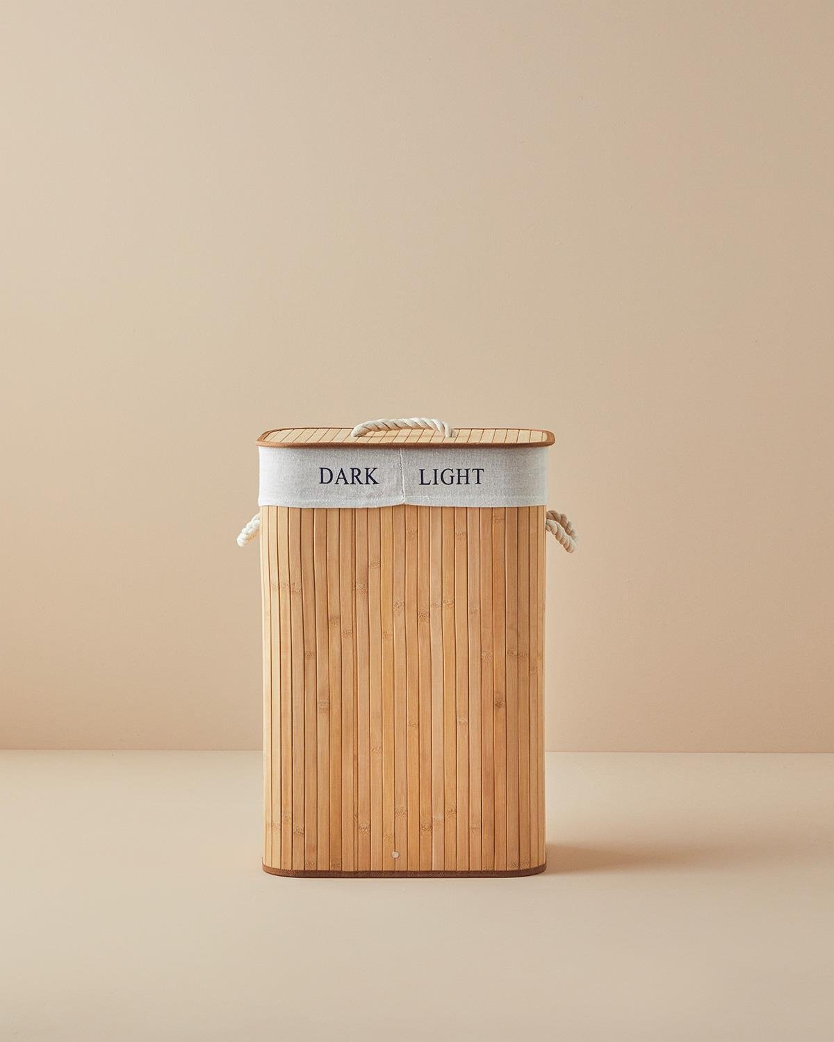 Fancy Bamboo Foldable with 2 Sections Laundry Basket 40x30x60 cm Beige