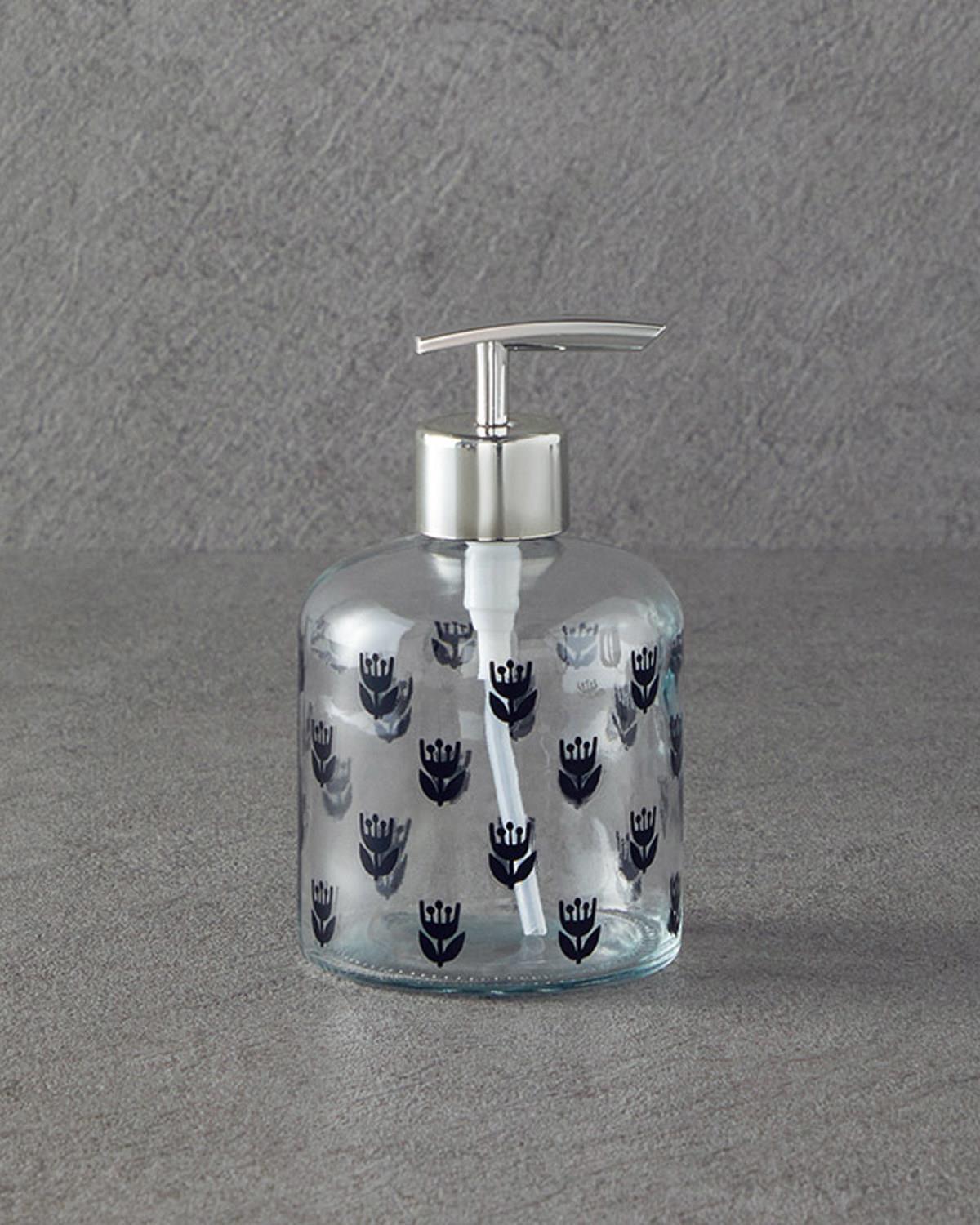 Flower Dots Glass Liquid Soap Dispense 8x14 cm Silver.