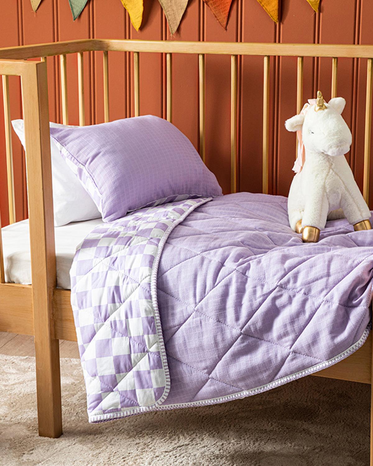 Squared Cottony Muslin Baby Quilt Set 95x145 cm Lilac.
