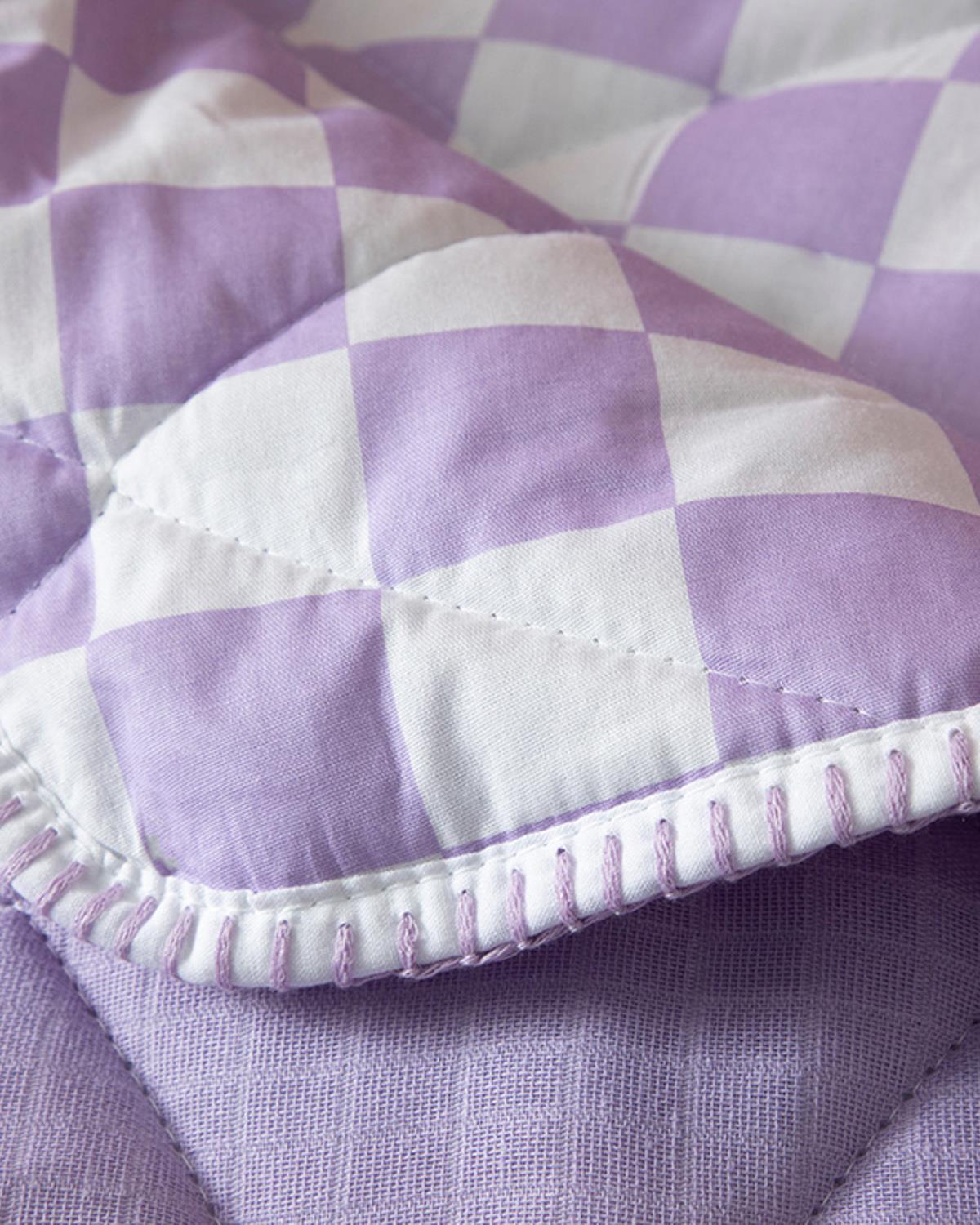 Squared Cottony Muslin Baby Quilt Set 95x145 cm Lilac.