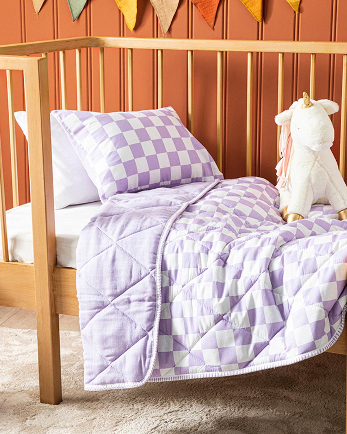 Squared Cottony Muslin Baby Quilt Set 95x145 cm Lilac.