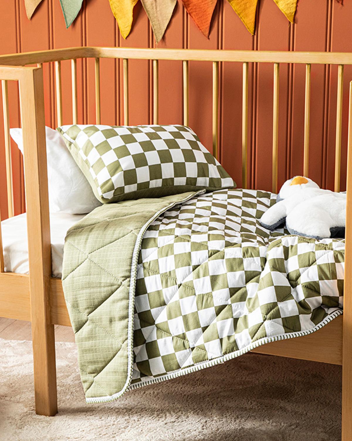 Squared Cottony Muslin Baby Quilt Set 95x145 cm Green