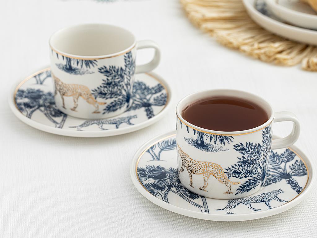Toile Jungle bone porcelain 4 Parça 2 Kişilik Tea Cup Set 200 ml Dark Blue - White