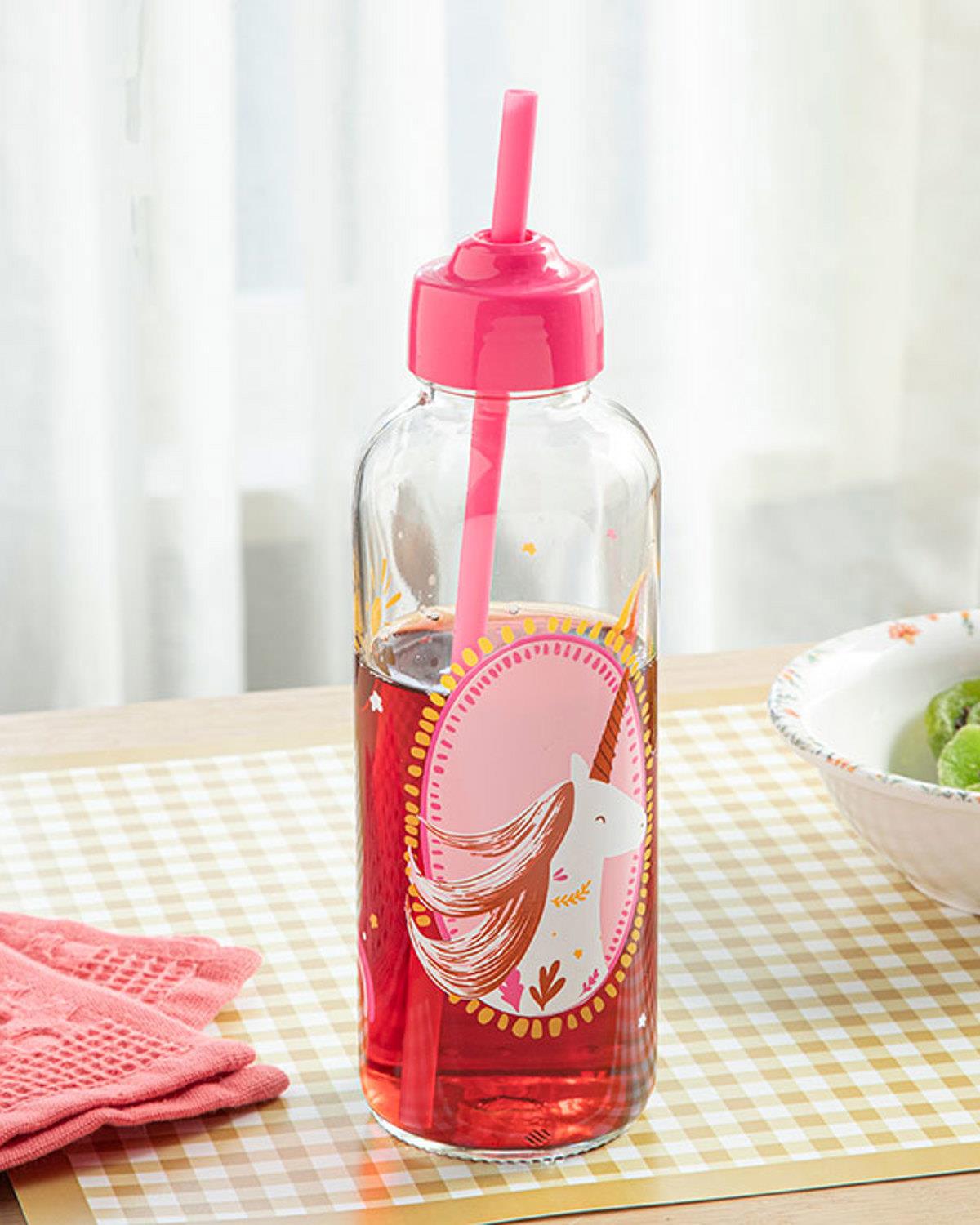 Unicorn Glass Kids Bottle With Straw 450 ml Pink