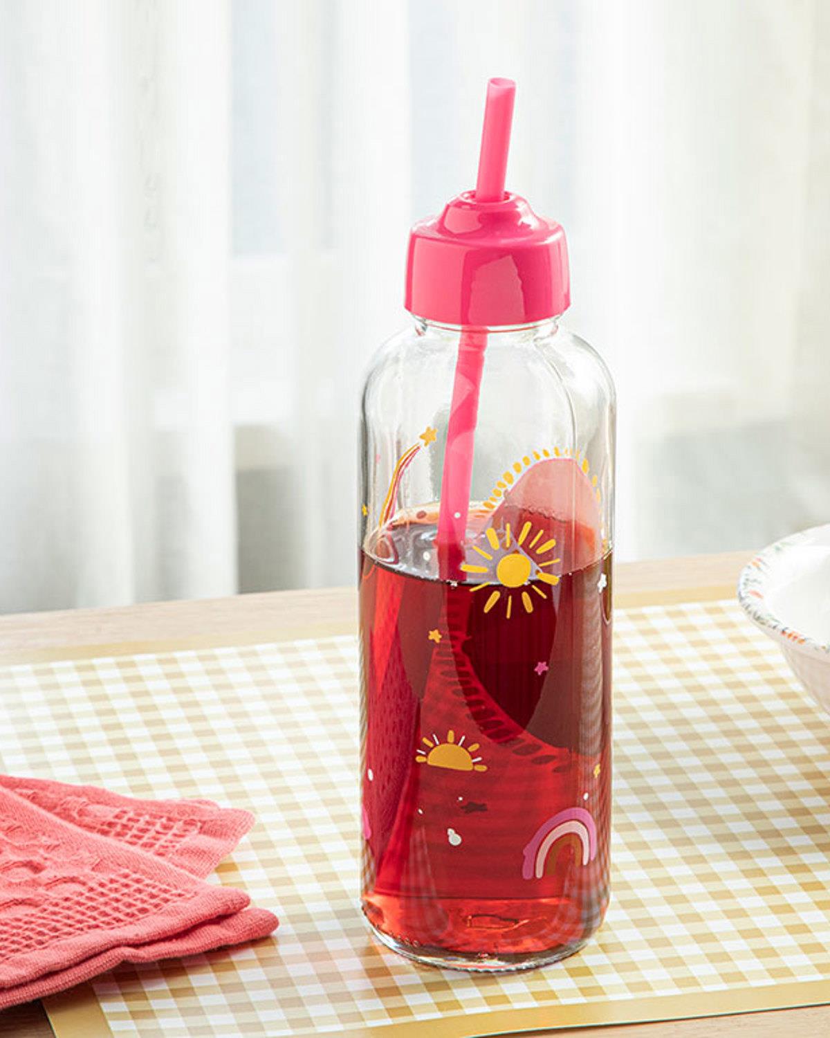 Unicorn Glass Kids Bottle With Straw 450 ml Pink