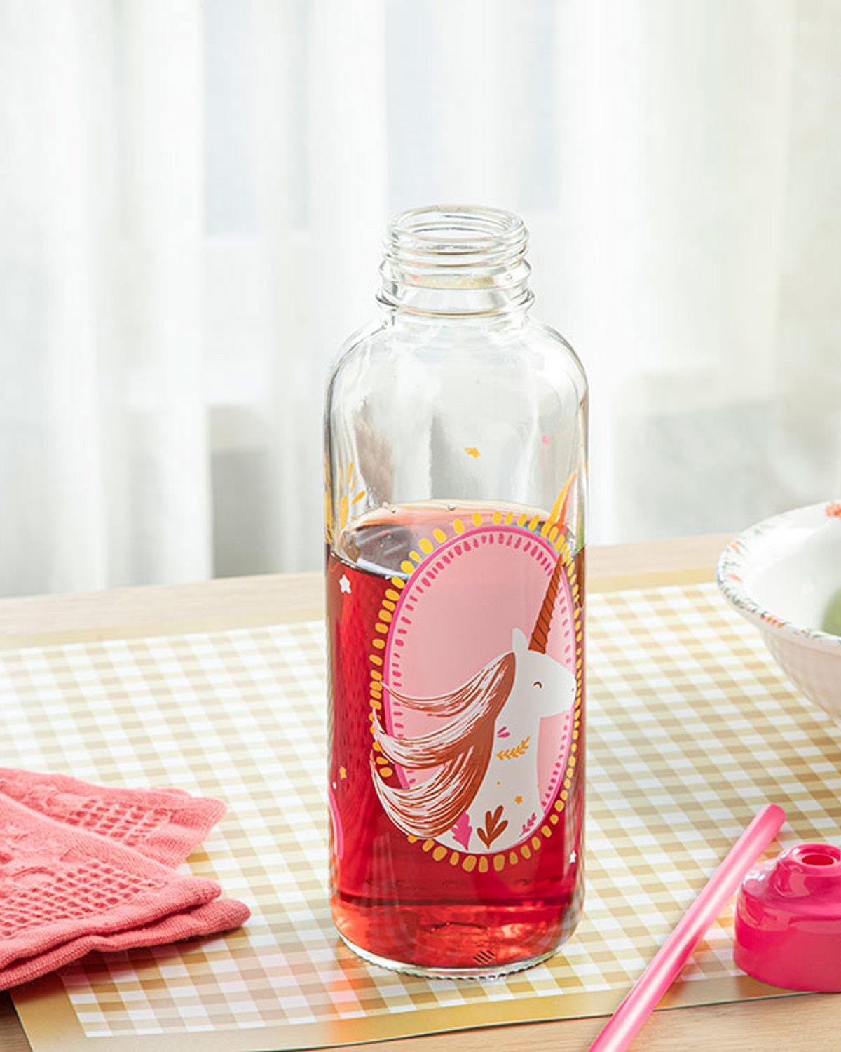 Unicorn Glass Kids Bottle With Straw 450 ml Pink