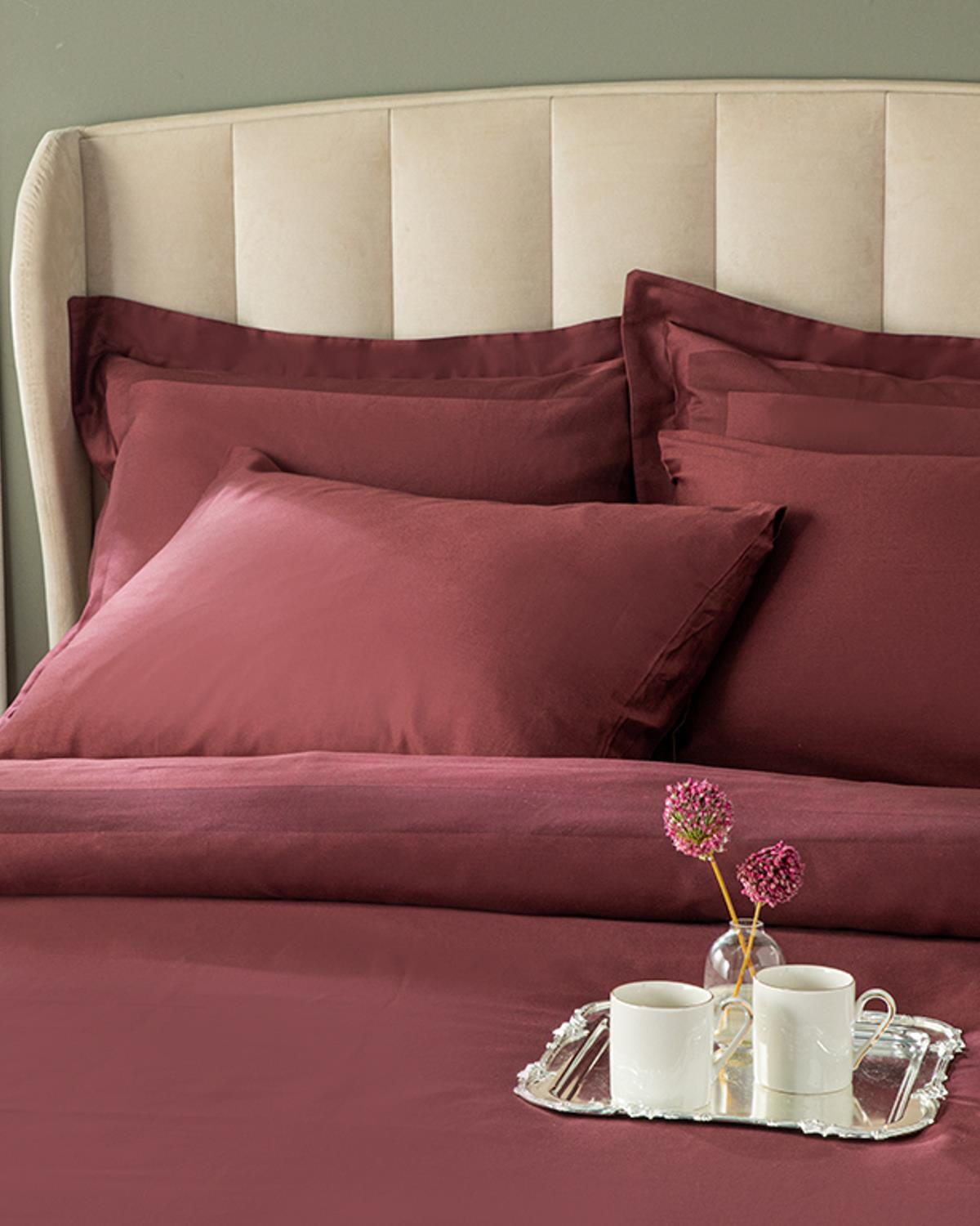 Vivian Framed Cotton Satin Double 4 Pillows Duvet Cover Set 200x220 cm Damson